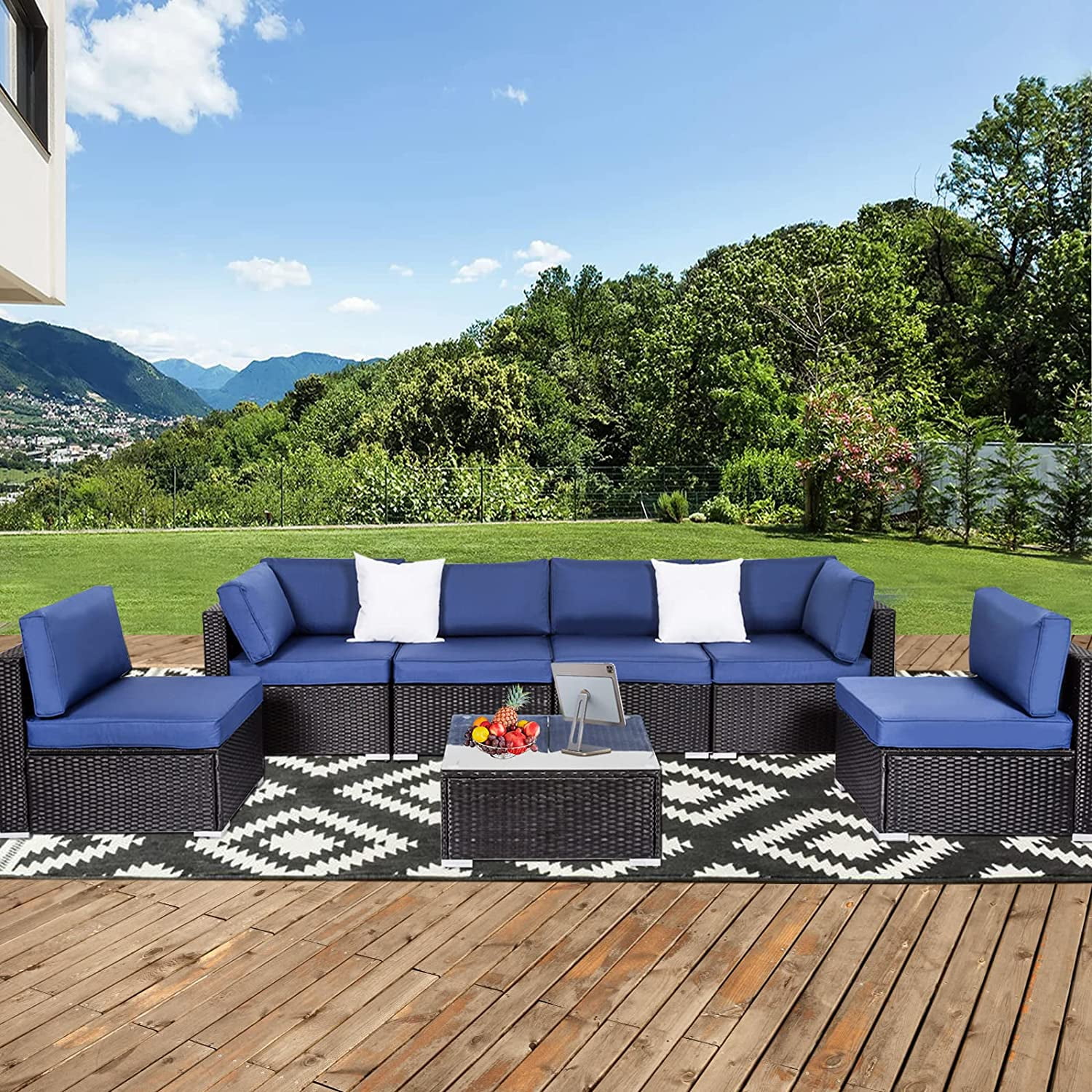 7Pcs Patio Furniture Sets - Patio Sectional Conversation Sofas Black PE Wicker Outdoor Couch Patio Seating with Pillows & Coffee Table  Red