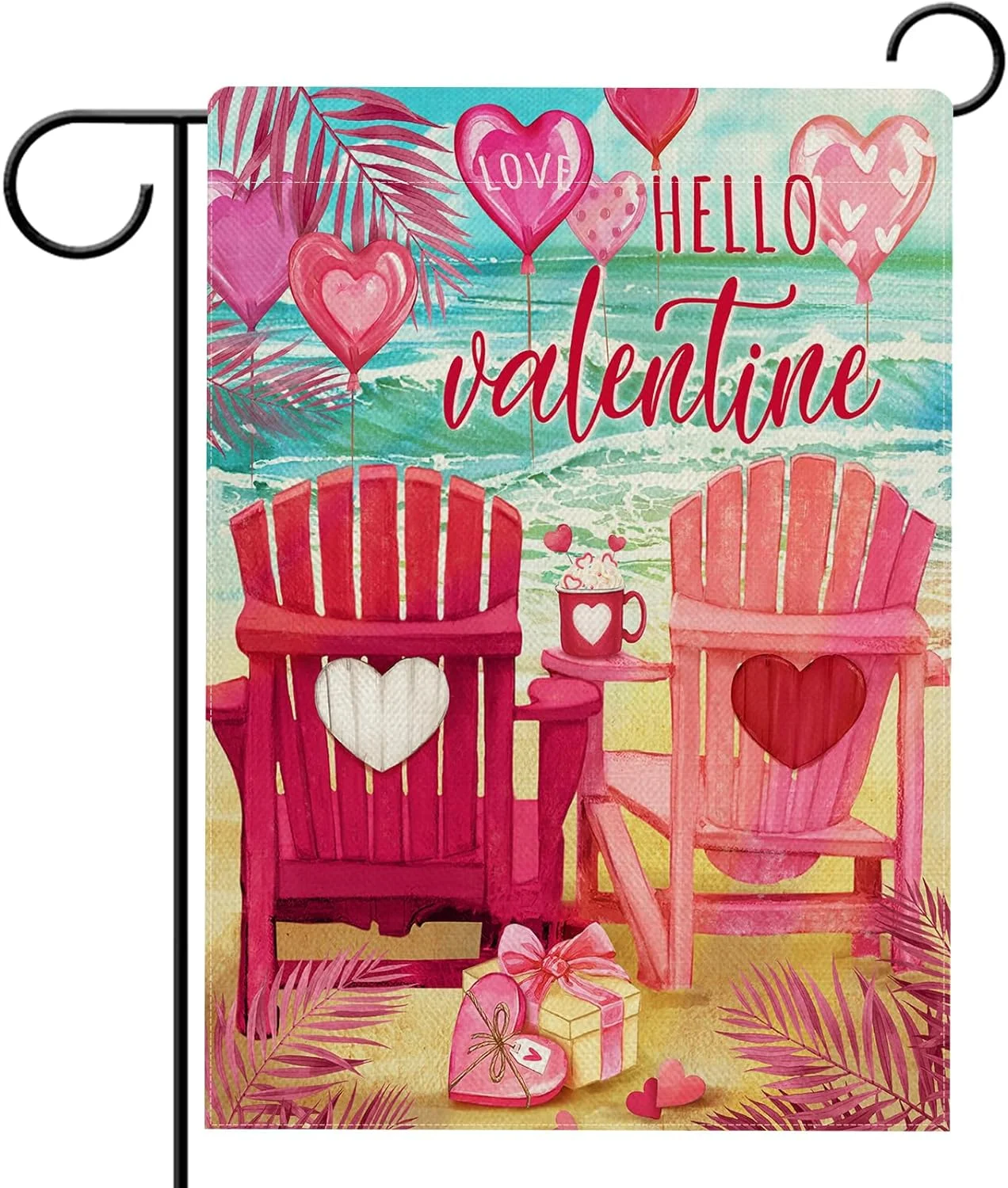 Hello Valentine's Day Sea Chair Garden Flag Double Sided,Pink Love Heart Palm Leaves Beach Coastal Decorative Yard Outdoor Home Small Decor,Anniversary Wedding Outside House Decoration 28x40 Inch