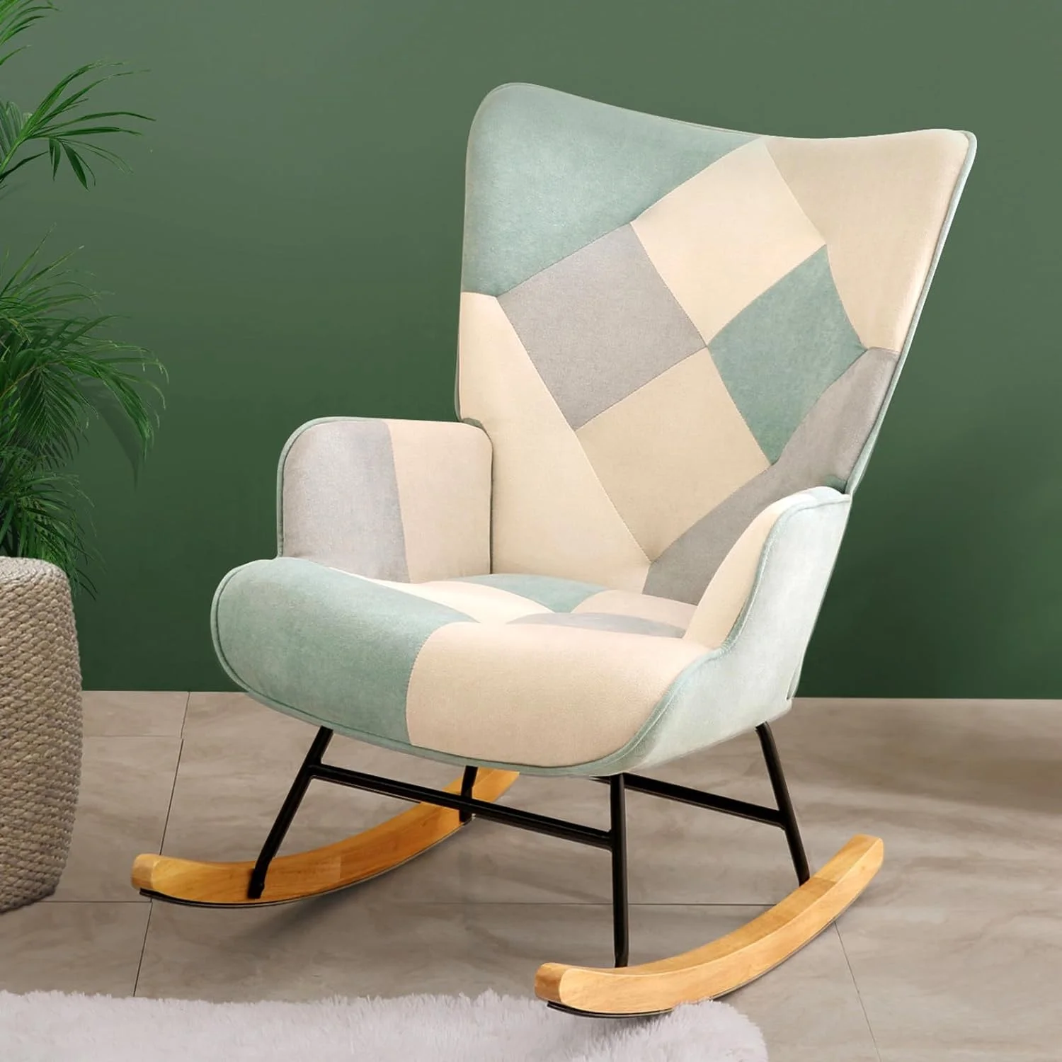Rocking Chair Nursery, Upholstered Rocking Chair Indoor with High Backrest and Wooden Base, Modern Glider Chair for Nursery, Living Room, Bedroom, Office （Patchwork Linen Green）