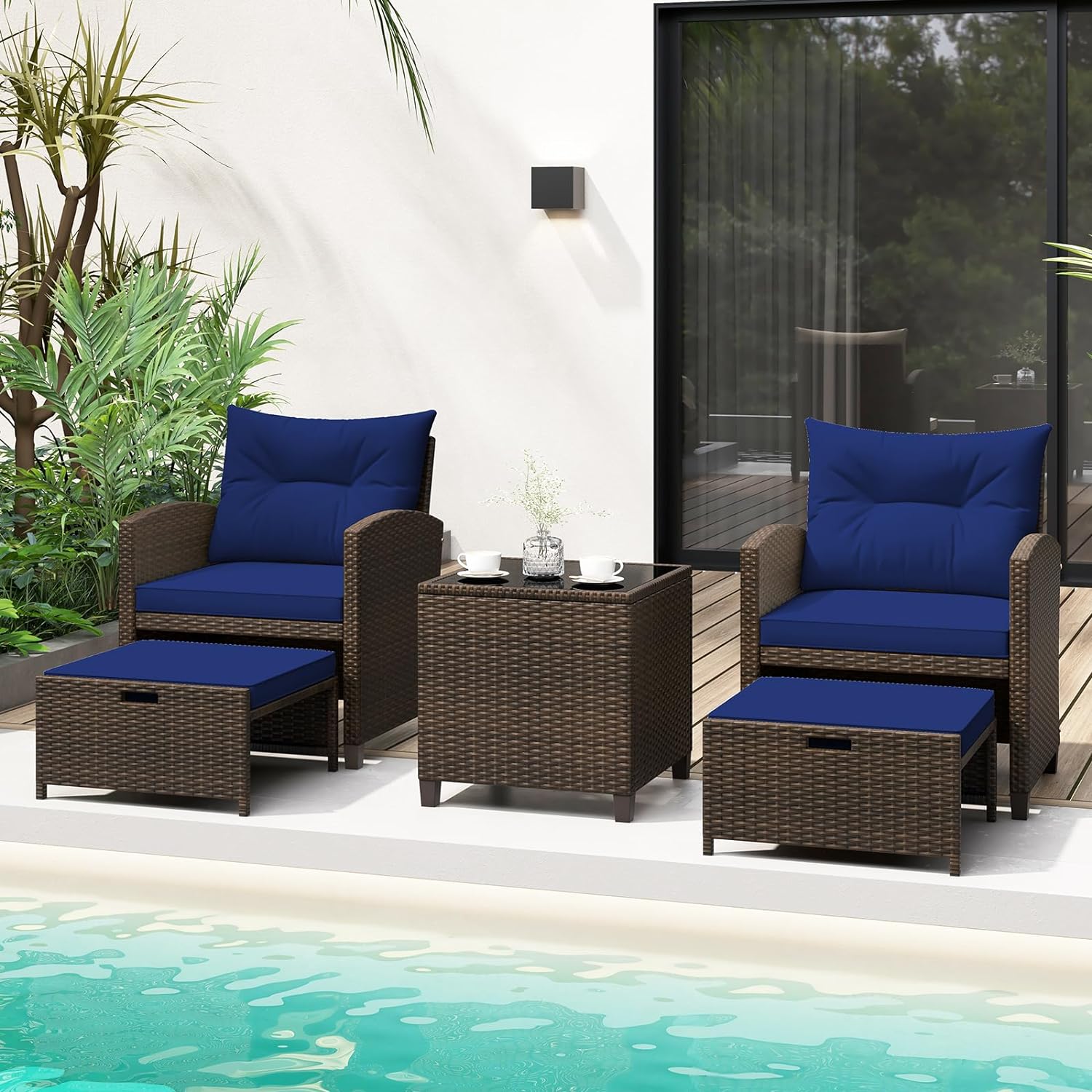 Dina 5 Piece Patio Rattan Furniture  Wicker Cushioned Chairs Set w/ 2 Ottomans & Tempered Glass Coffee Table  for Poolside  Backyard  Lawn  Deck (Mix Gray+Navy)