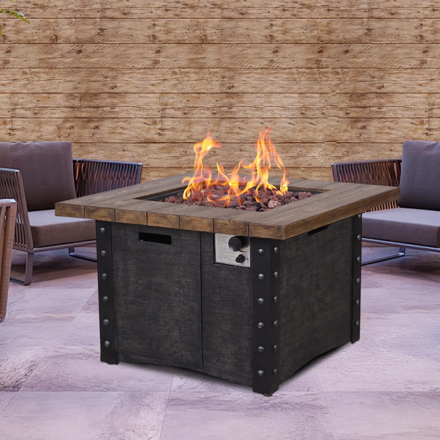 High-Quality Stylish and Functional Outdoor Gas Fire Table with Faux Woodgraine Table Top - Perfect Addition to Your Patio or Backyard for Entertaining Guests and Keeping Warm on Chilly N