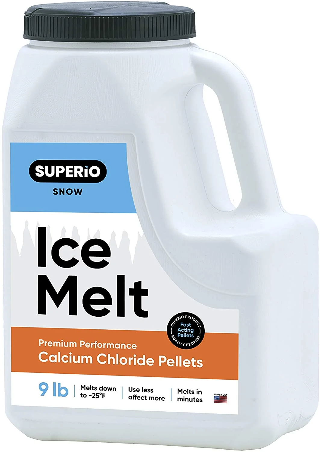 Superio Calcium Chloride Pellets, Snow, and Ice Melter, White, 9 lb. Jug.