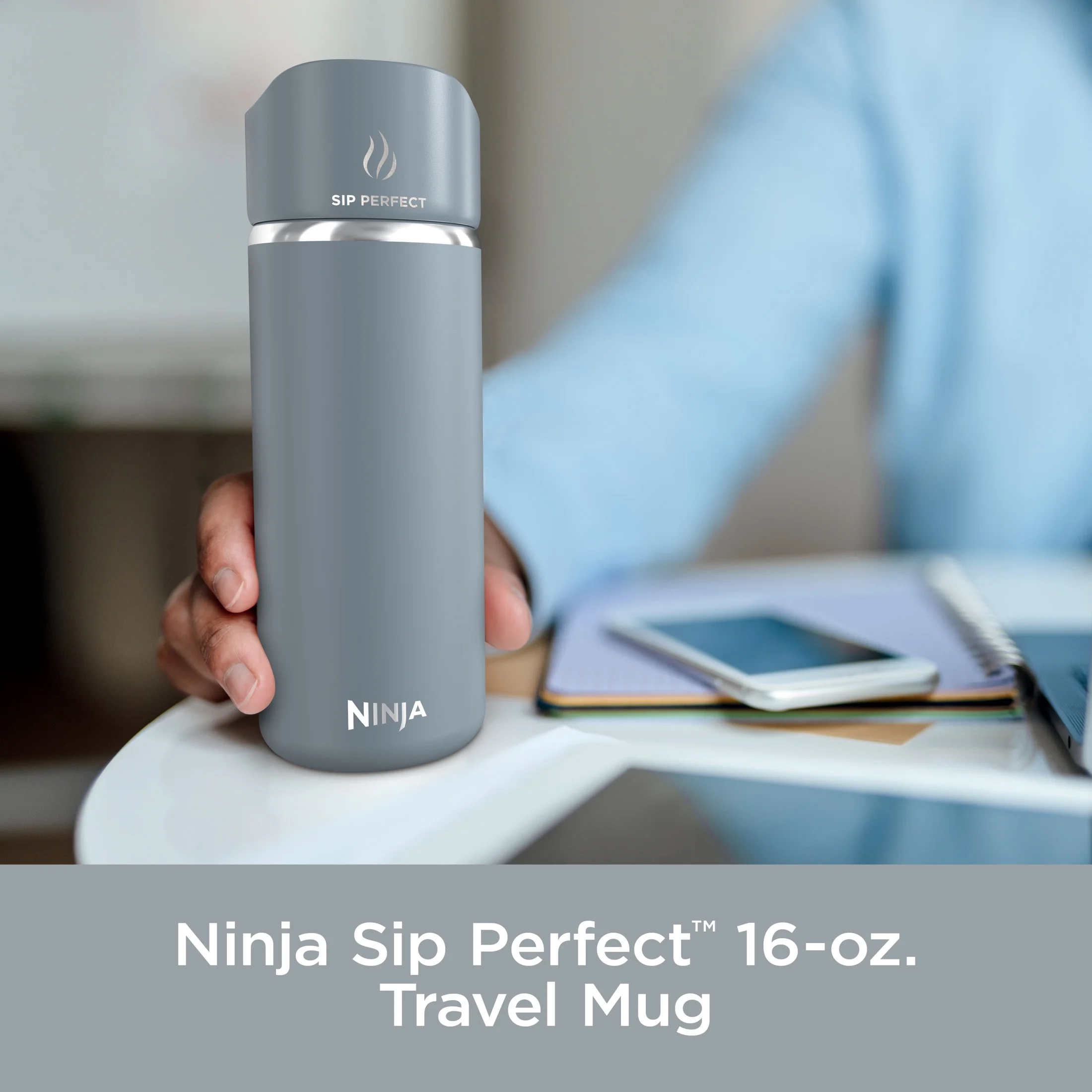 Ninja Sip Perfect 16oz. Travel Mug, Leak Proof Stainless Steel Insulated Tumbler for Hot Drinks, Ash Gray