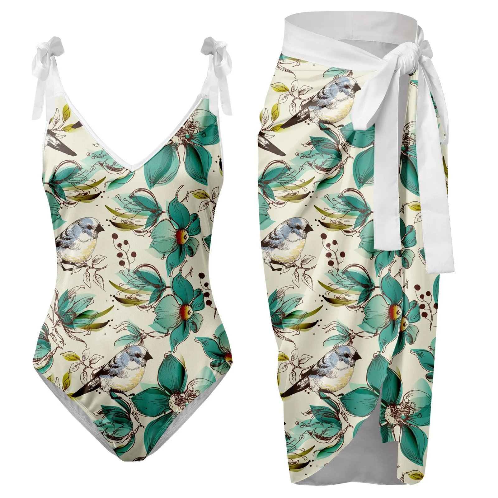 Autumn Cargo Skirt Womens V Neck Flower Printed Swimsuit Apron Skirt Bikini Sets Skirting Board Cleaner Mop