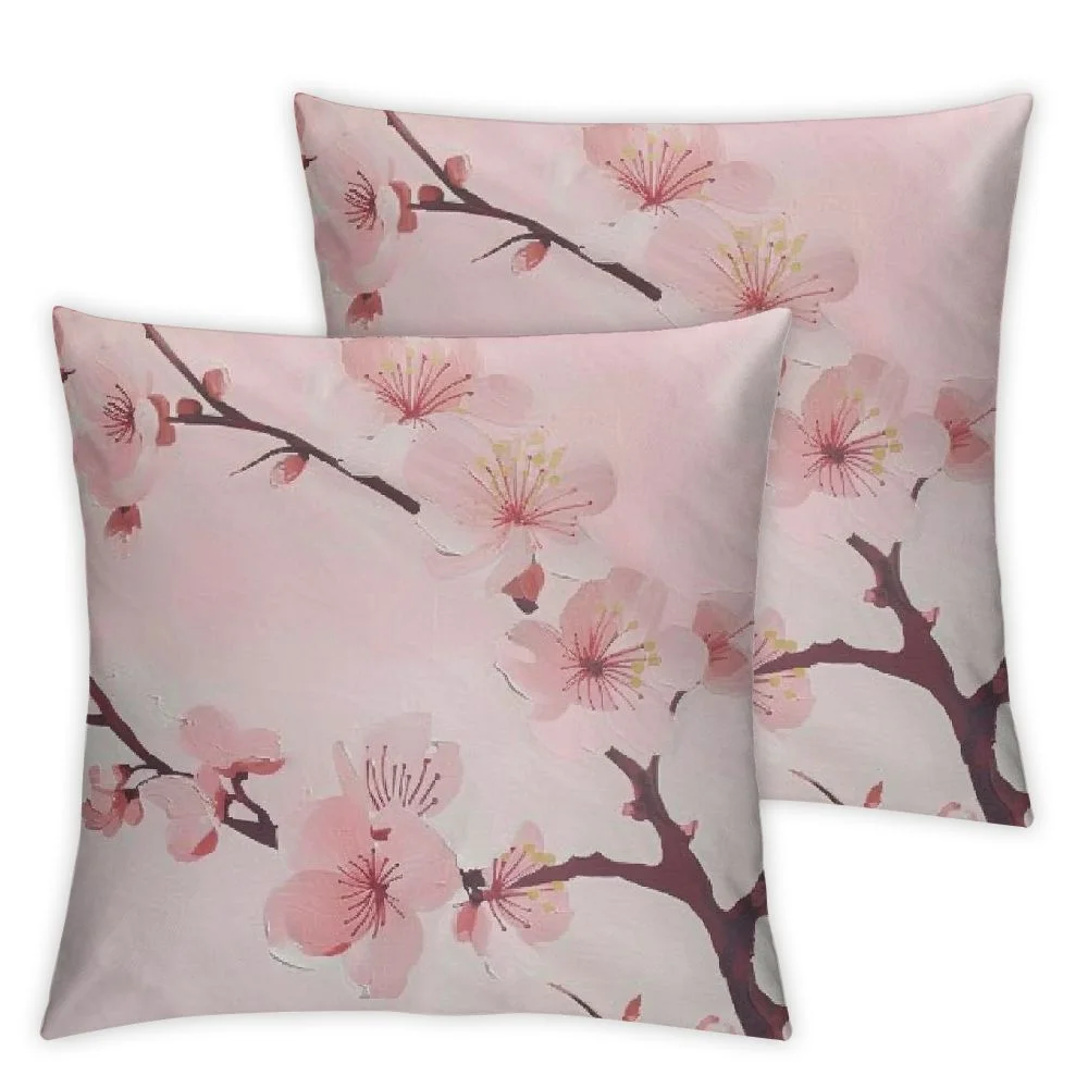 Awypu Spring Pillows Decorative Throw Pillow Covers Set of 2, Pink Chinese Cherry Blossom Flower Japan Plum Branch Double Sided Square Pillow Cases Pillowcase Sofa Cushion White