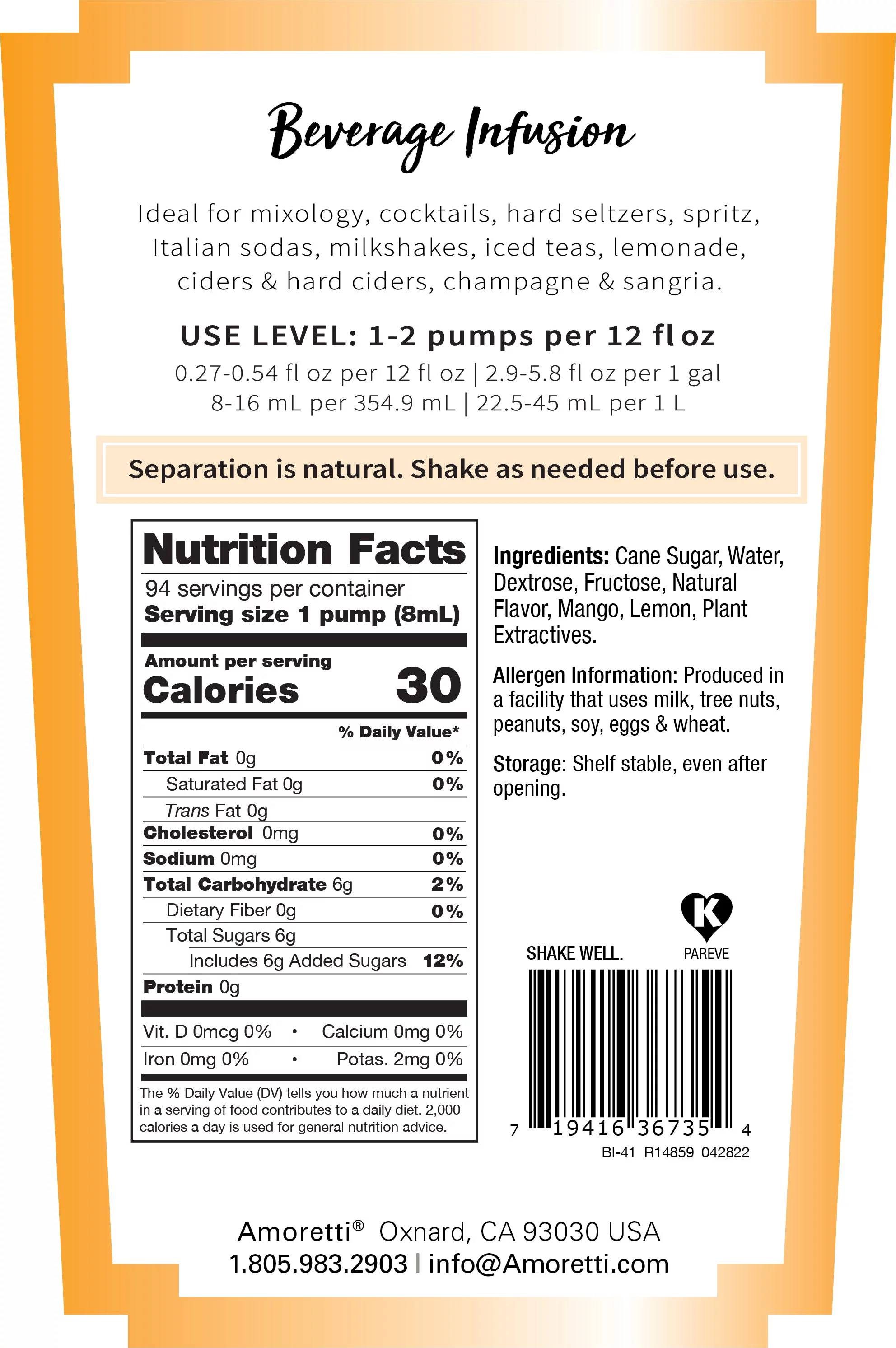 Amoretti - Mango Lemonade Beverage Infusion - Drink Mix & Water Enhancer with Pump for Flavoring Cocktails, Waters, Teas, and other Beverages, 94 Servings Per Bottle (750 ml), Preservative Free