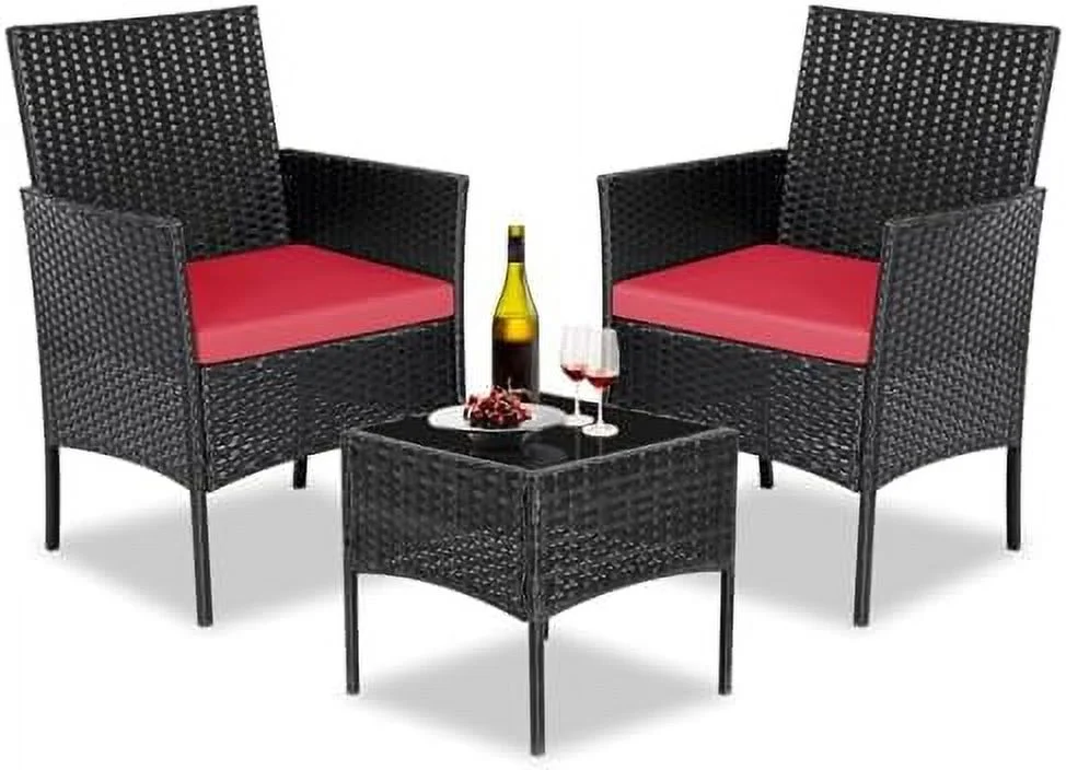 xrboomlife 3 Pieces Patio Set Outdoor Wicker  Sets Modern PE Rattan Chair Conversation Sets with Coffee Table for Yard Bistro Porch Balcony (Brown/Red)