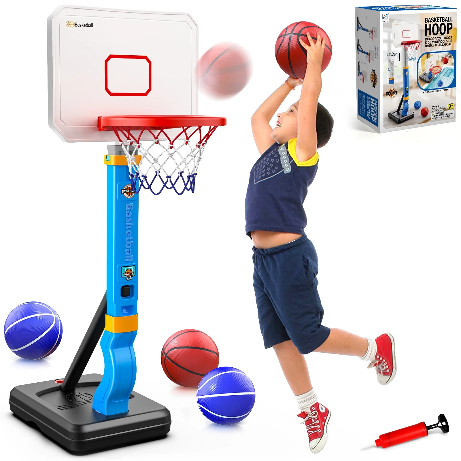 Hot Bee Pool Basketball Hoop, Height Adjustable Toddlers Basketball Hoop with 4 Balls, Indoor Outdoor, Basketball Summer Toys Gifts for 2 3 4 5 6 7 8 Years Old Boys Girls
