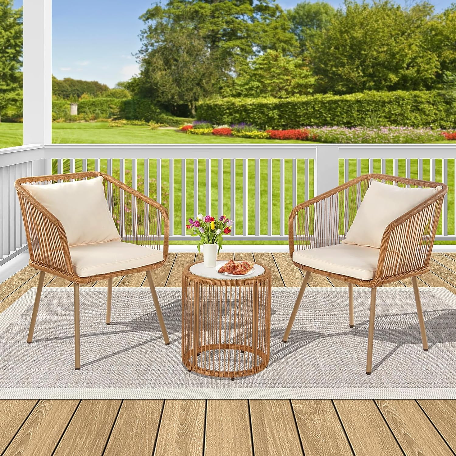 YRLLENSDAN 3-Piece Patio Set Wicker Patio Bistro Furniture Set Outdoor All-Weather Wicker Furniture for Porch Backyard Rattan Conversation Set W/Glass Coffee Table Top and 2 Chairs/Cushions, White