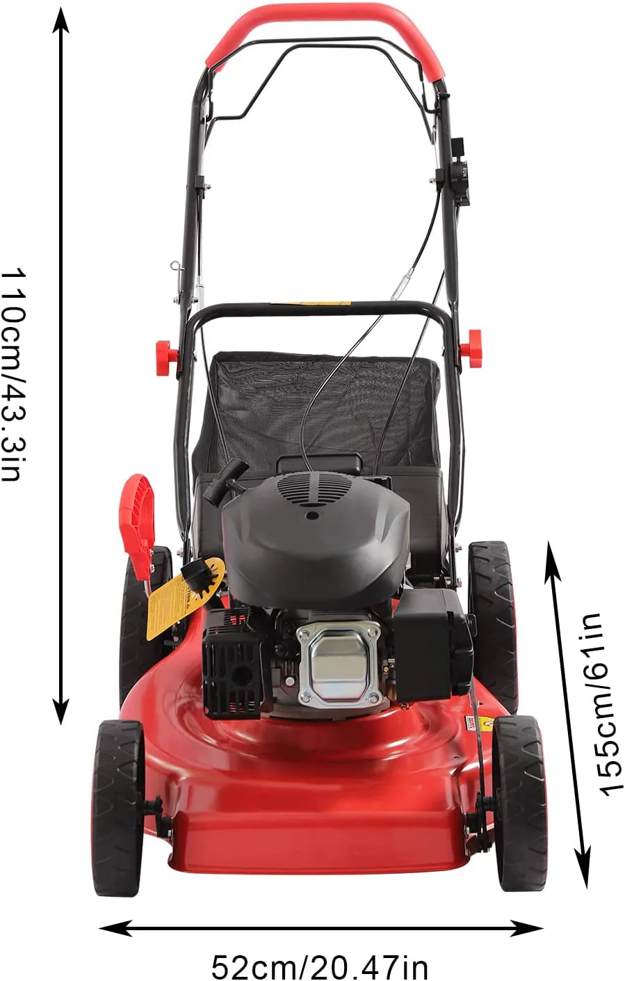 Dina 20 Inch Walk Behind Push Lawn Mower with High Rear Wheels  173CC Gas Engine Self Propelled Lawn Mower  60L Bag+1.6L Fuel Tank  4000W/6HP