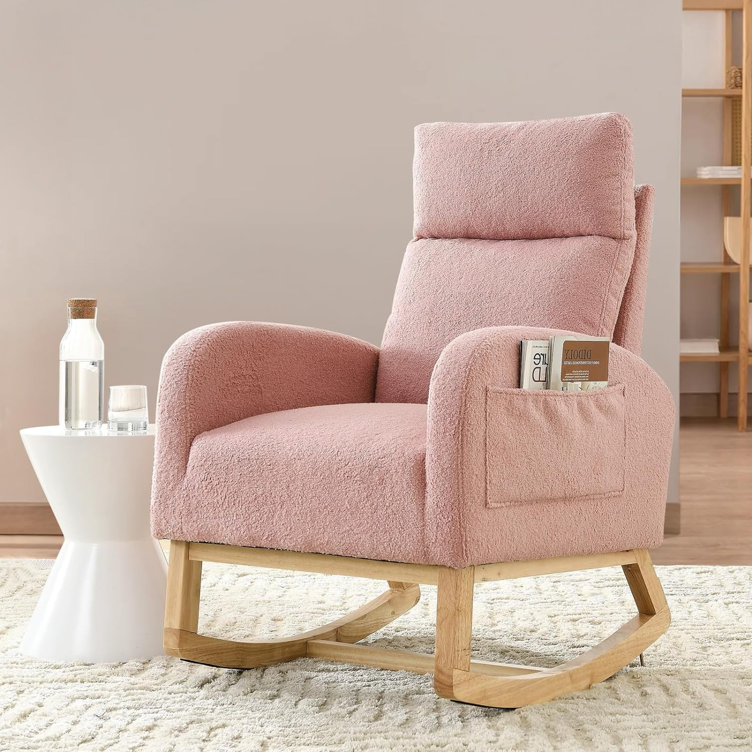 YPSXVGJ Rocking Chair Nursery Upholstered Baby Glider Rocker Chair Comfy  Arm Chair with Side Pockets&Solid Wood Legs Modern Nursing Single Sofa Chair  Room Bedroom(Fabric-Beige)