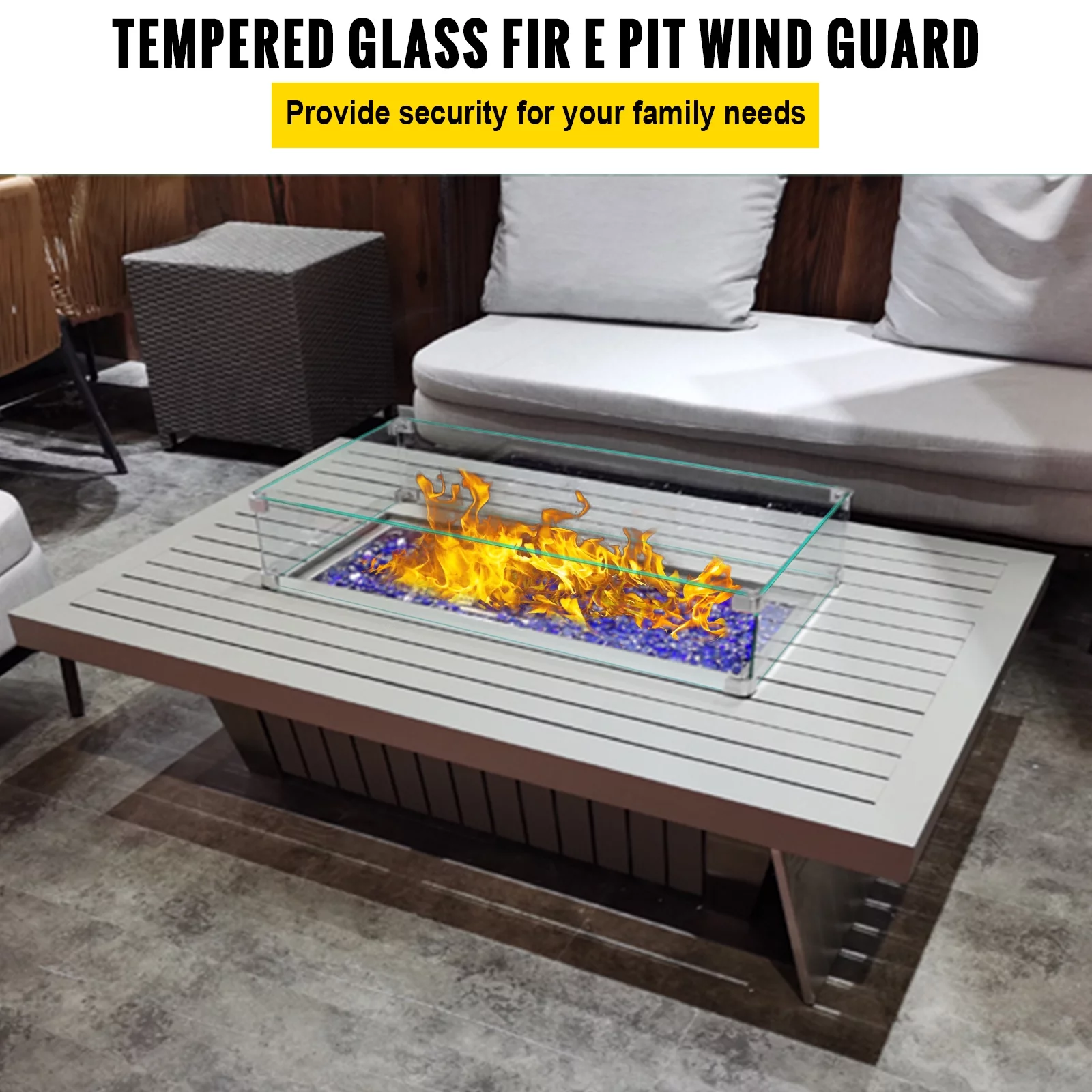 SKYSHALO Fire Pit Wind Guard, 36.6''L x 9.45''W Glass Flame Guard, Oblong Glass Shield, 0.3