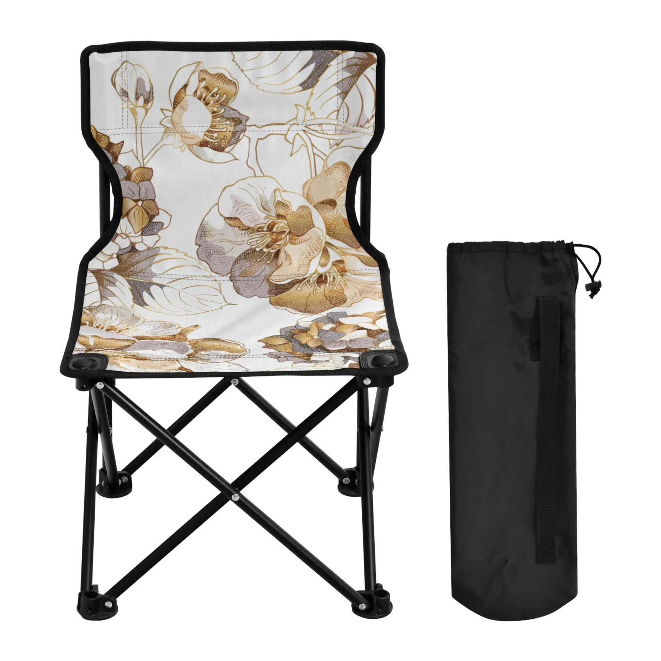 Golden Flowers Peony Portable Camping Chair Small for Kids Outdoor Folding Beach Chair Fishing Chair Lawn Chair with Carry Bag