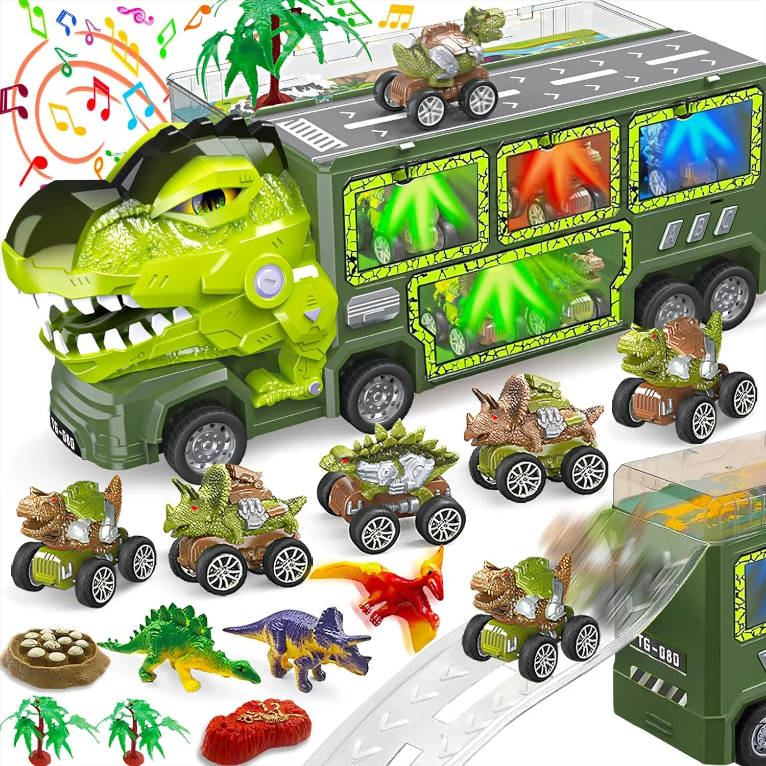Dinosaur Truck Toys for Boys 3-6 Years, Dinosaur Truck Carrier -Tyrannosaurus Transport Car Carrier Truck with Lights, Music and Sounds, Dinosaur Play Sets for Boys Girls