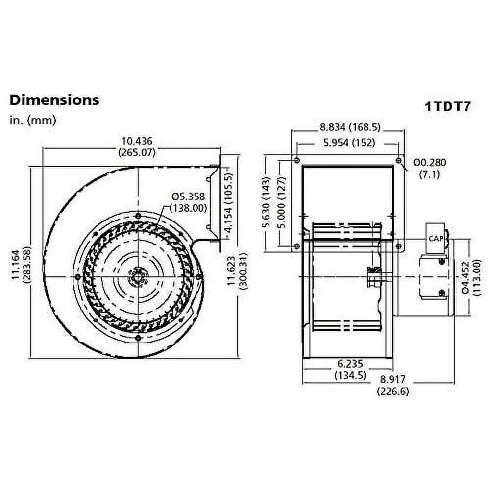1TDT7 Blower, 542/409 CFM, 115V, 2.00/1.54 Amp
