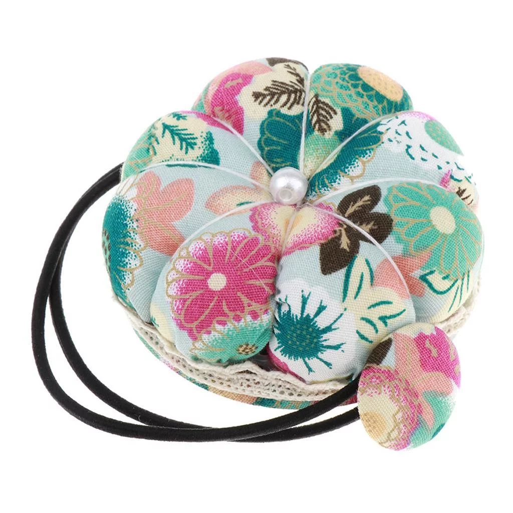 Novelty Pin Cushion for Sewing Quilting - Vintage Flower Fabric Coated Pincushions with Wrist Band, 5.8cm X 2.4cm Green