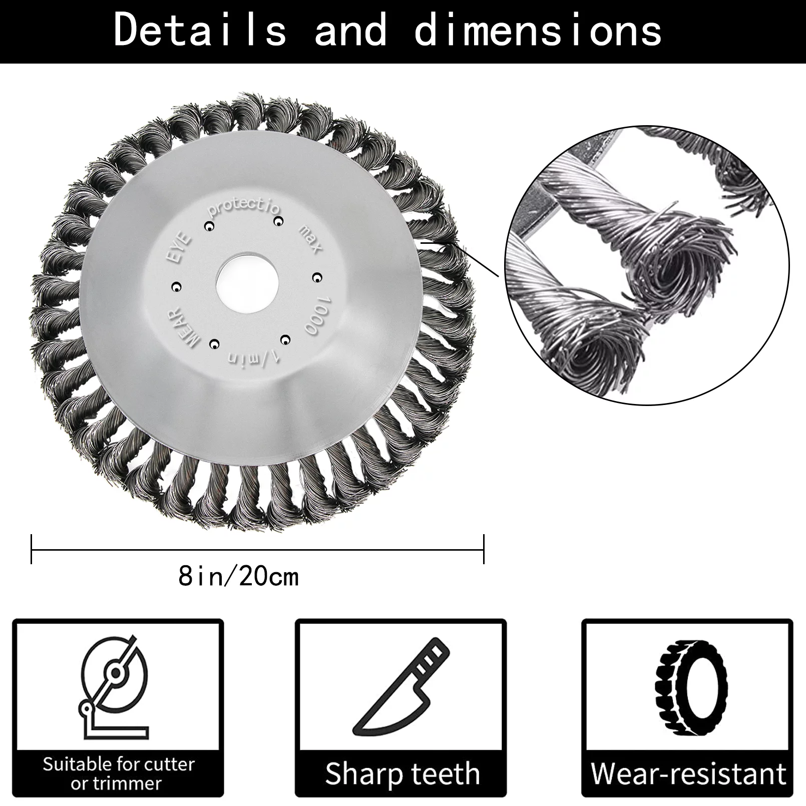 Tivddikun 8 inch Rotary Steel Wire Trimmer Head Upgraded Heavy Duty Wire Brush Trimmer Head with 0.5mm Flexible Steel Wire & 2 Pack Adapters String Trimmer Replacements Blades for Lawn Yard Garden