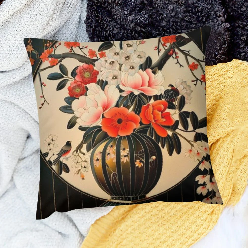 Vllo0ord  Chinese Lanterns and Flowers，Printed Throw Pillow Cushion Covers Used for Sofa, Bed, Farmhouse, Chair, Dining, Patio, Outdoor Red and Black White