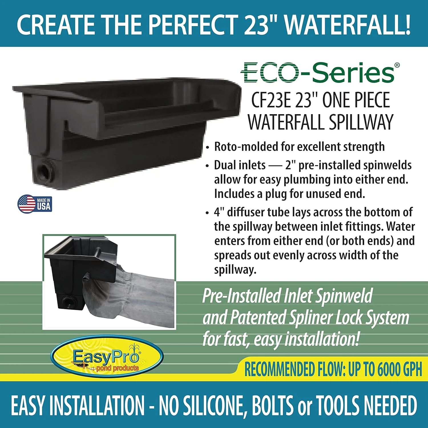 CF23E Eco-Series 23” Waterfall Spillway Is Ideal For Just-A-Falls Water Features. Connect Liner Without Tools. 2-2” Installed Spinweld Inlets. Up To 4500 To 6000 GPH Flow