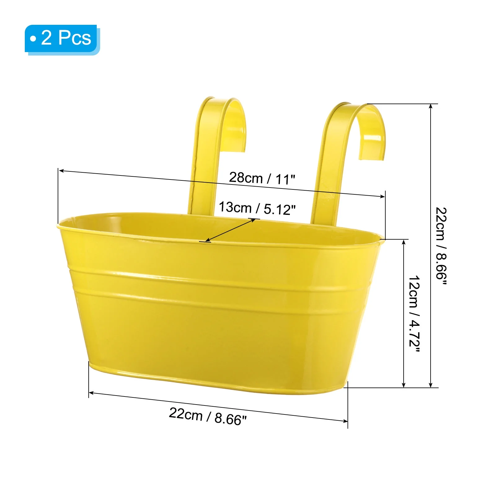 Uxcell 5 Inch Hanging Flower Pots Bucket, Oval Metal Iron Bucket with Detachable Hook for Balcony, Yellow 2Pcs