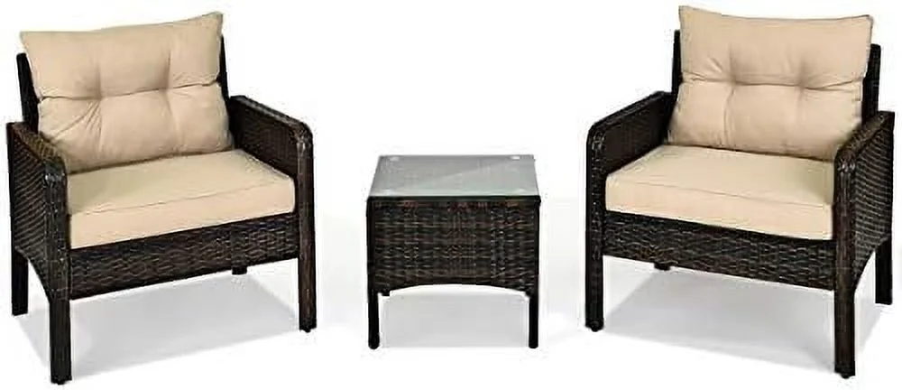 ASDRFYU 3 Piece Outdoor Wicker Conversation  Set  Rattan Patio Chairs  w/Glass Top Coffee Table & Thick Cushions  Patio  Set for Deck Porch Poolside Garden (Turquoise)