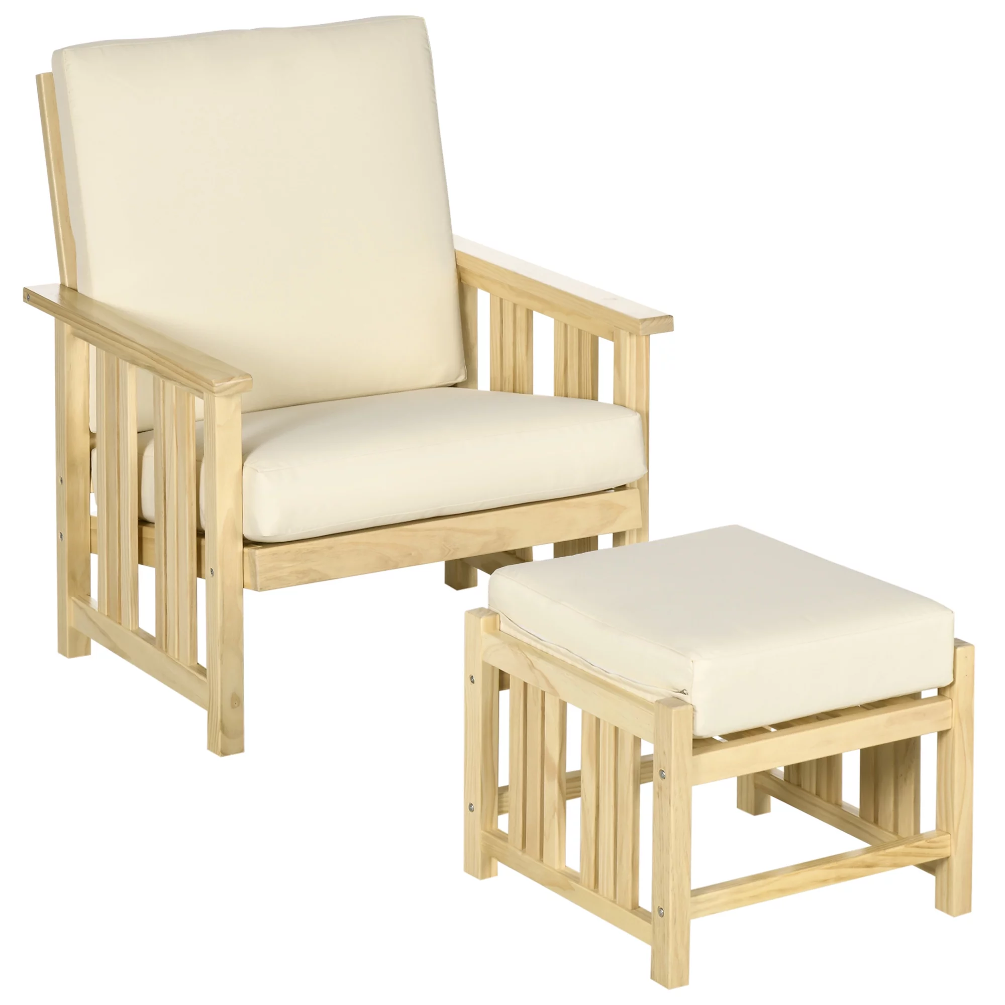 CoSoTower Patio Furniture Set, Wood Outdoor Patio Chair with Ottoman, 2 Piece Cushioned Outdoor Lounge Chair, Sofa Chair with Footrest, Beige