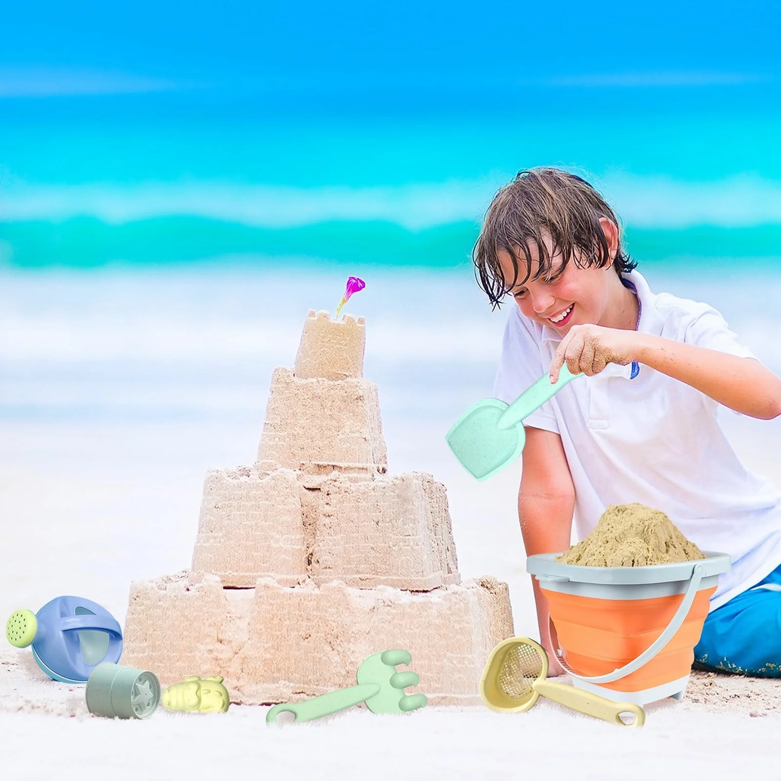 ZiSUGP Beach Toy Set New Water Play Beach Folding Bucket Sand Digging Shovel Children's Beach Sand Playing Tool Set Mini Inflatable Pool Rings