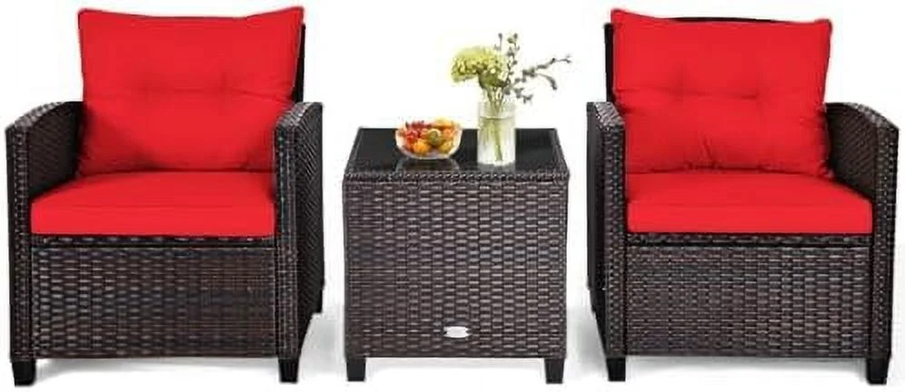 SJOPKMN 3 Pieces Patio Conversation Set Rattan Wicker  Set Outdoor  Garden Sofa Chair with Washable Cushion & Coffee Table