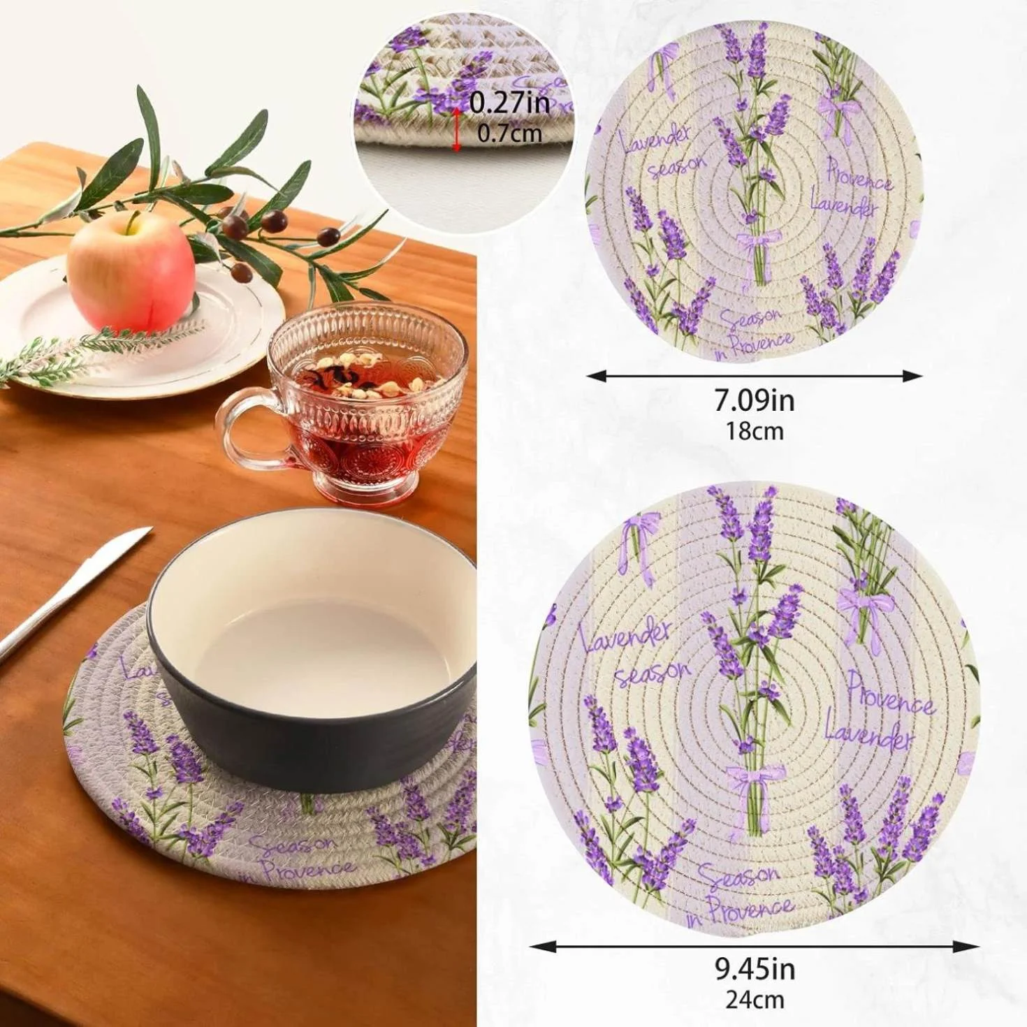 Stripe Lavender Flowers Potholders Set Trivets Set 2 PCS, Summer Spring Floral Pot Holders for Kitchen, 100% Cotton Woven Hot Pads Trivets Set for Kitchen Heat Resistant, 7.09