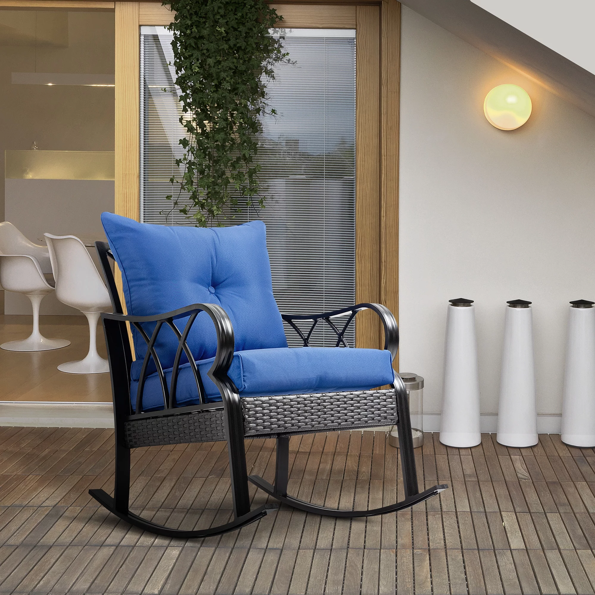 Outdoor Wicker Rocking Chair, PE- Patio Rattan Rocking Chair, High Back, Cushion, Pillow, Weight Capacit 352 lbs