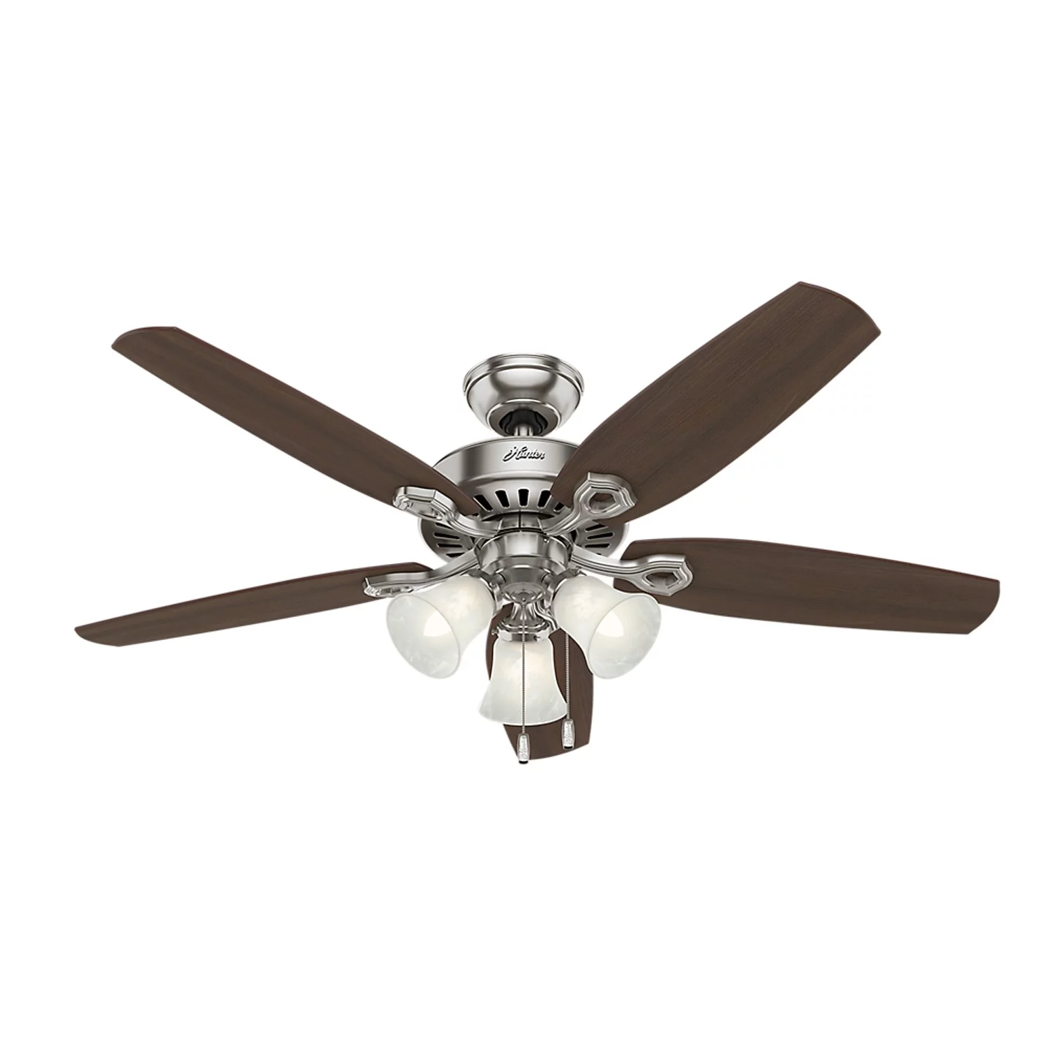 Hunter 53237 Builder Plus 52-Inch Ceiling Fan with Lights (Brazilian Cherry/Harvest Mahogany Blades with Brushed Nickel Finish) & 26019 Brushed Nickel Downrod (12-Inch)