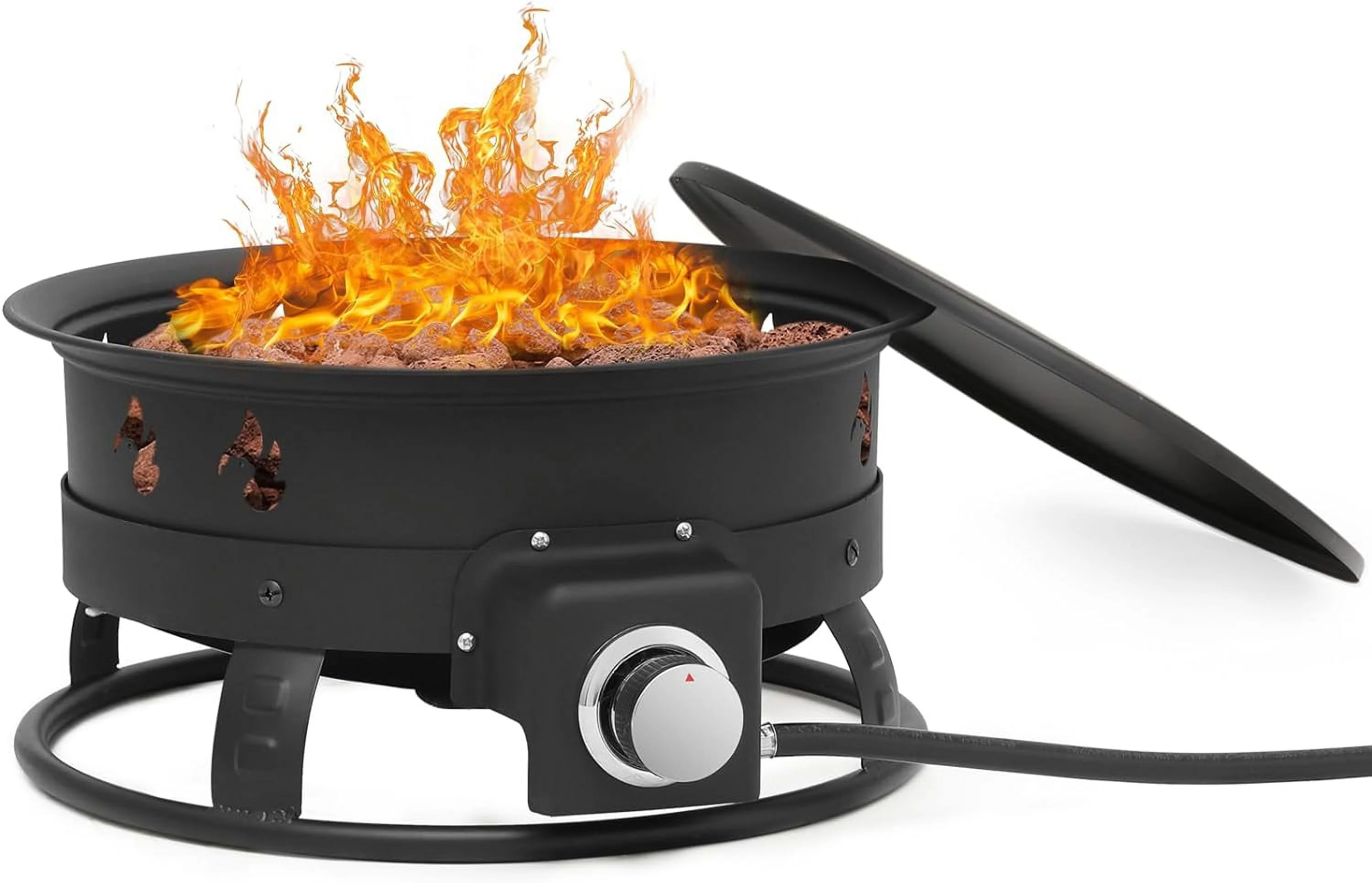 52000 BTU Portable Propane  Outdoor Round Smokeless Gas Fire Bowl For Outside Camping Travel Patio Backyard Picnic With Lava Rocks, Hose, Lid (Black)