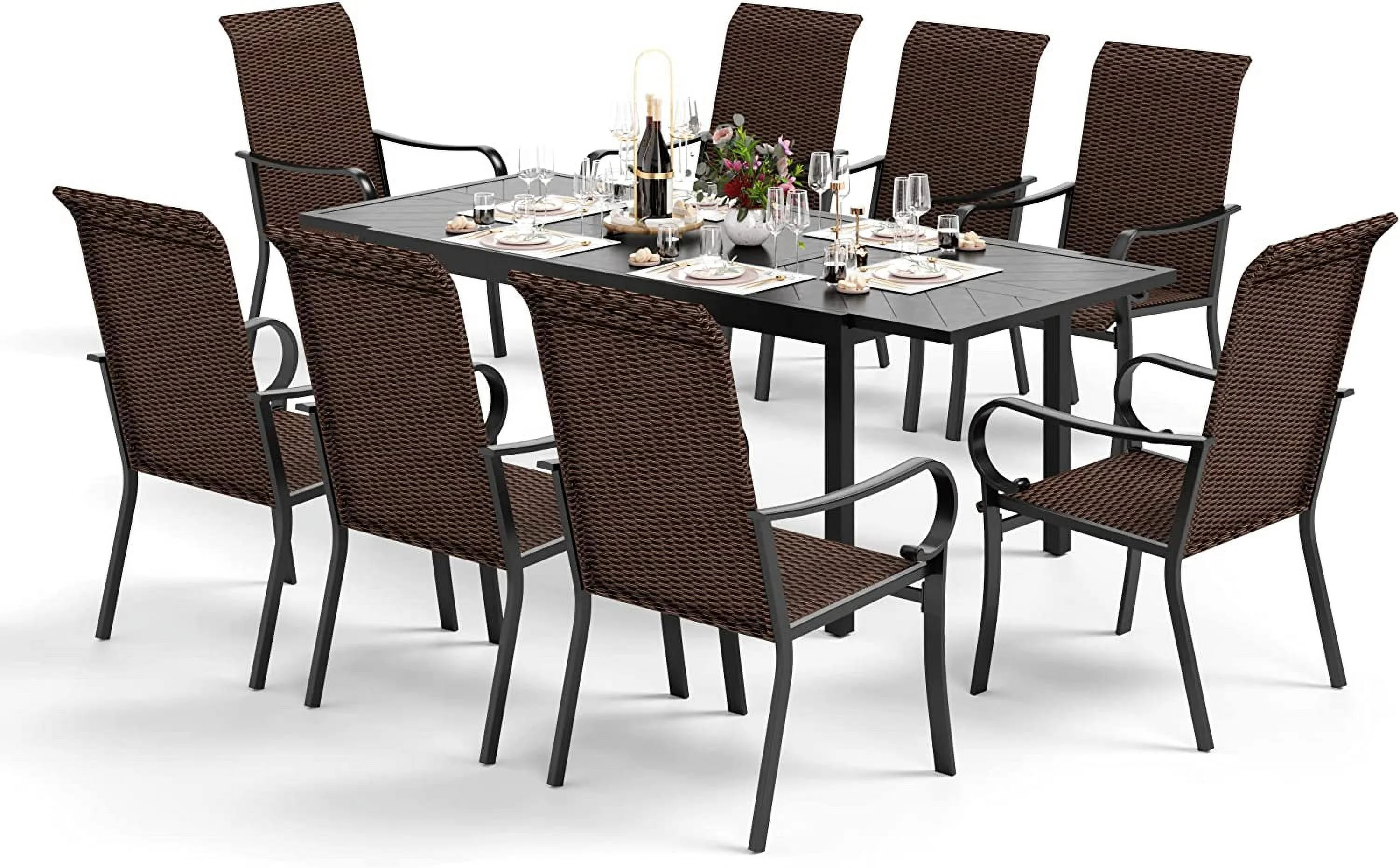 Outdoor Dining Set for 8 Patio Dining  Set with 1 Extendable Metal Table and 8 Wicker Dining Chairs