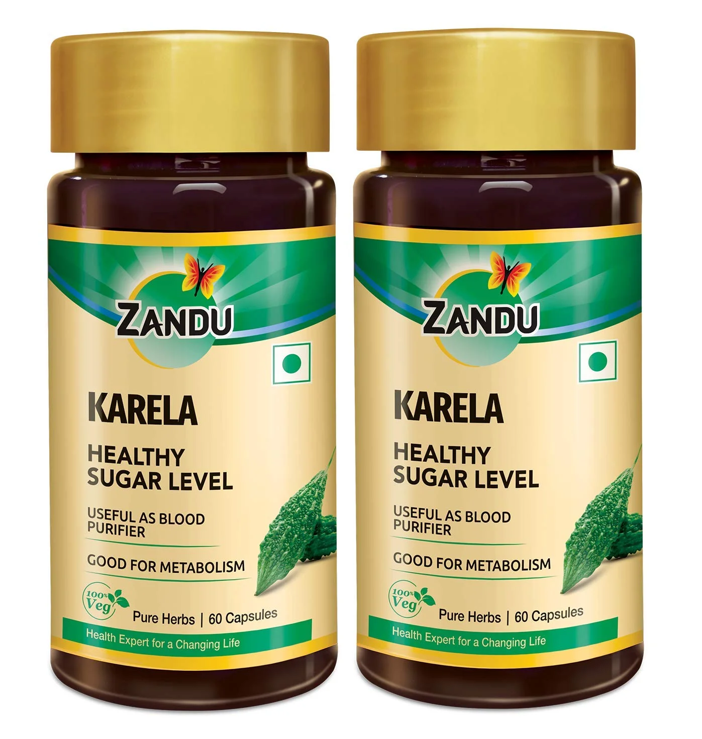 Zandu Karela Pure Herbs (Bitter Melon) - 60 Veg capsules (Pack of 2)