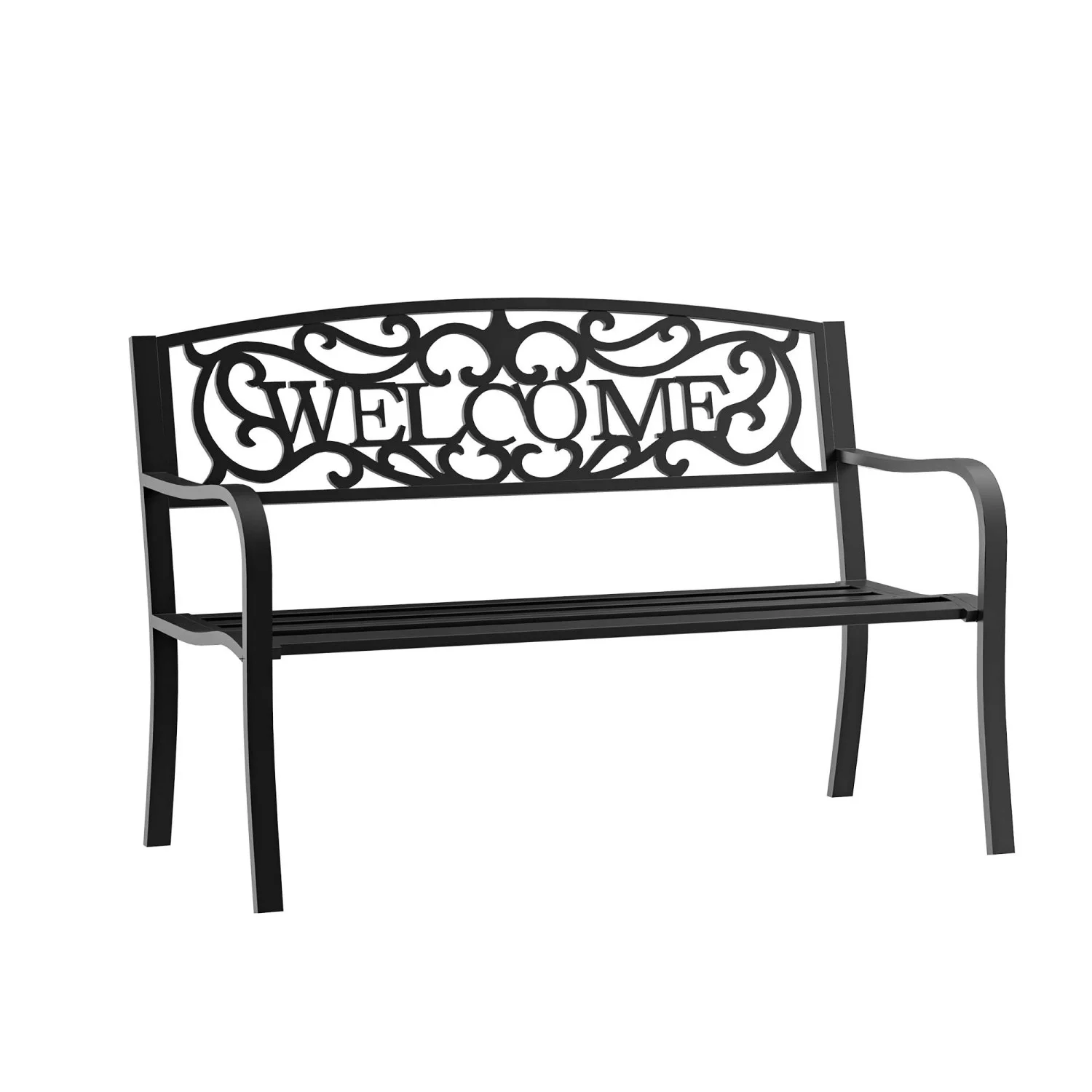 SJIOPL 50” Outdoor Metal Welcome Bench  Garden Bench with Slatted Seat  Patio Bench for Park  Porch  Yard  Entryway  Black