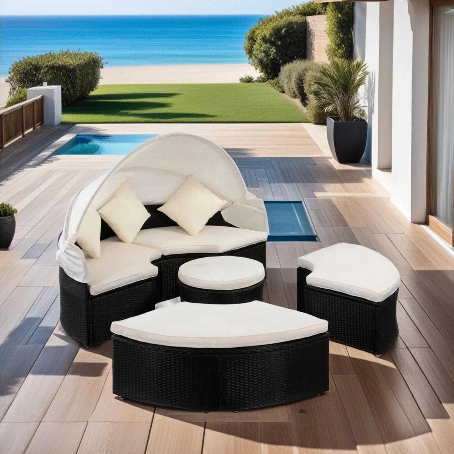 Comfortable Black Round Outdoor Patio Daybed with Retractable Canopy and Creme Cushion  Stylish Rattan Wicker Furniture Sectional Seating Set for Ultimate Relaxation and Enjoyment