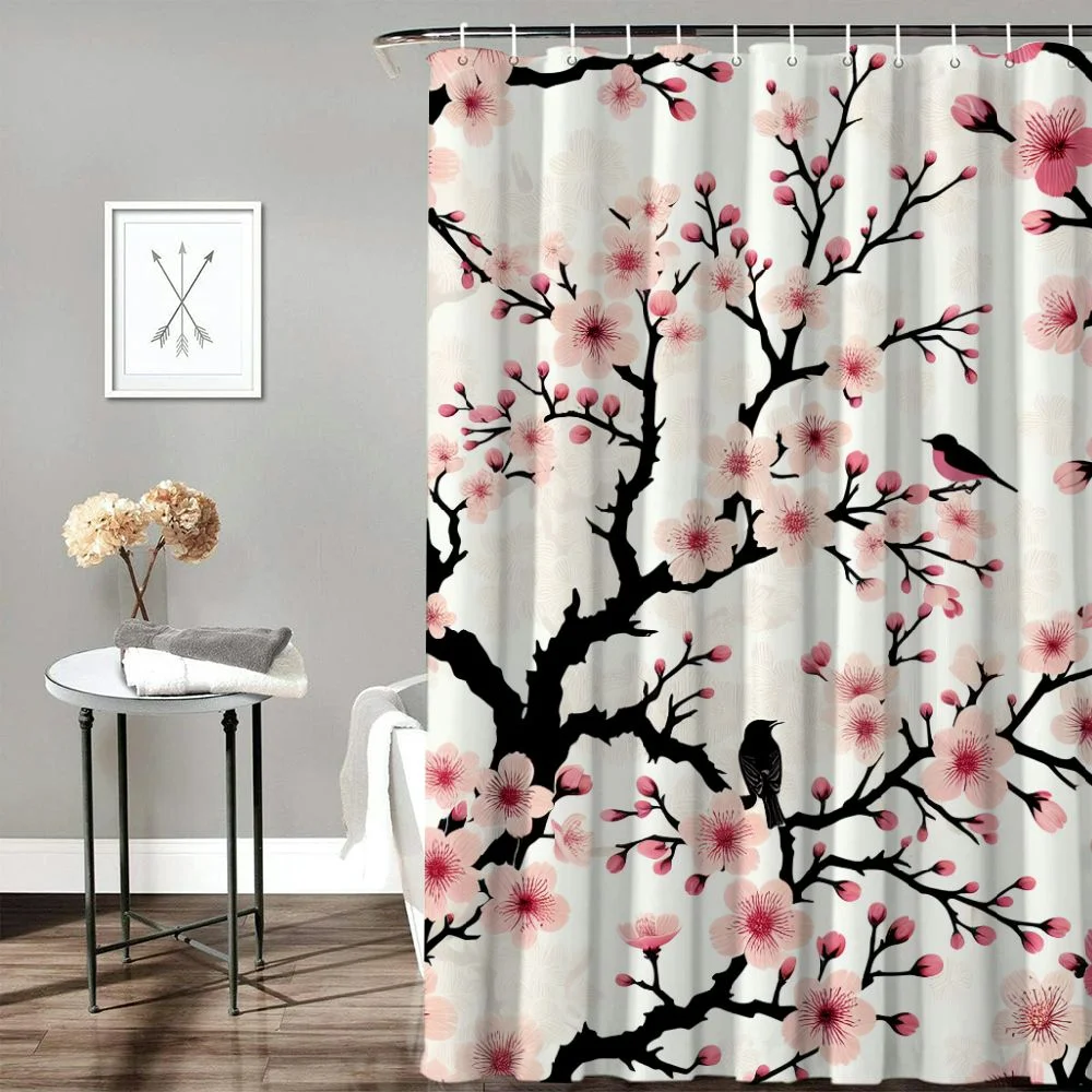 Lzatpd Cherry Blossom Spring Shower Curtain Asian Flower Birds Japanese Weeping Flower Sakura Pink Floral Tree Branch Nature Scenery Waterproof Polyester Fabric Bathroom Bathtub