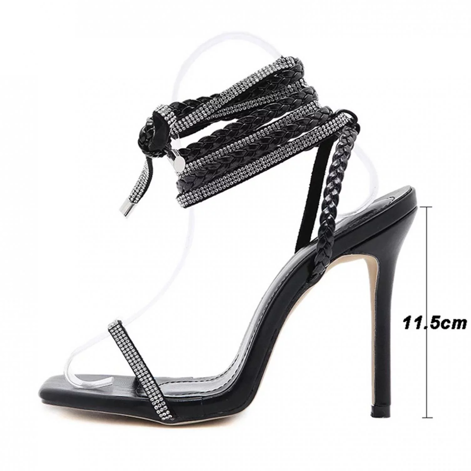 LoyisViDion Fashion Women New Shoes High Heel Winding Strap Sandals Rhinestone Sandals Black 8.5(40)