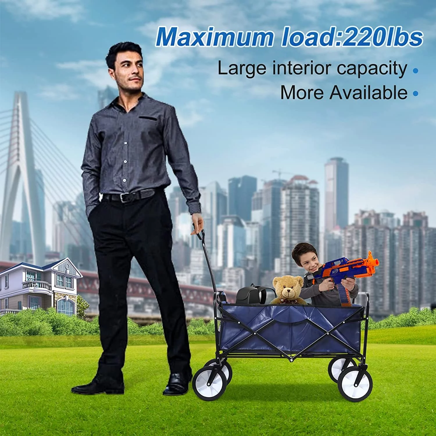 WJUN Rolling Collapsible Garden Cart Camping Wagon, with 360 Degree Swivel Wheels & Adjustable Handle, 220lbs Weight Capacity,Blue