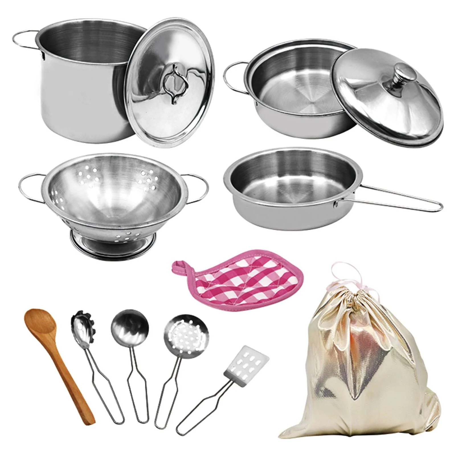 12 PCS Kitchen Set Pretend Play with Storage Bag Simulated Kitchen Stainless Steel Soup Pot Pan Shovel Spoon Role Playset Cooking Set Gift for Girls Boys