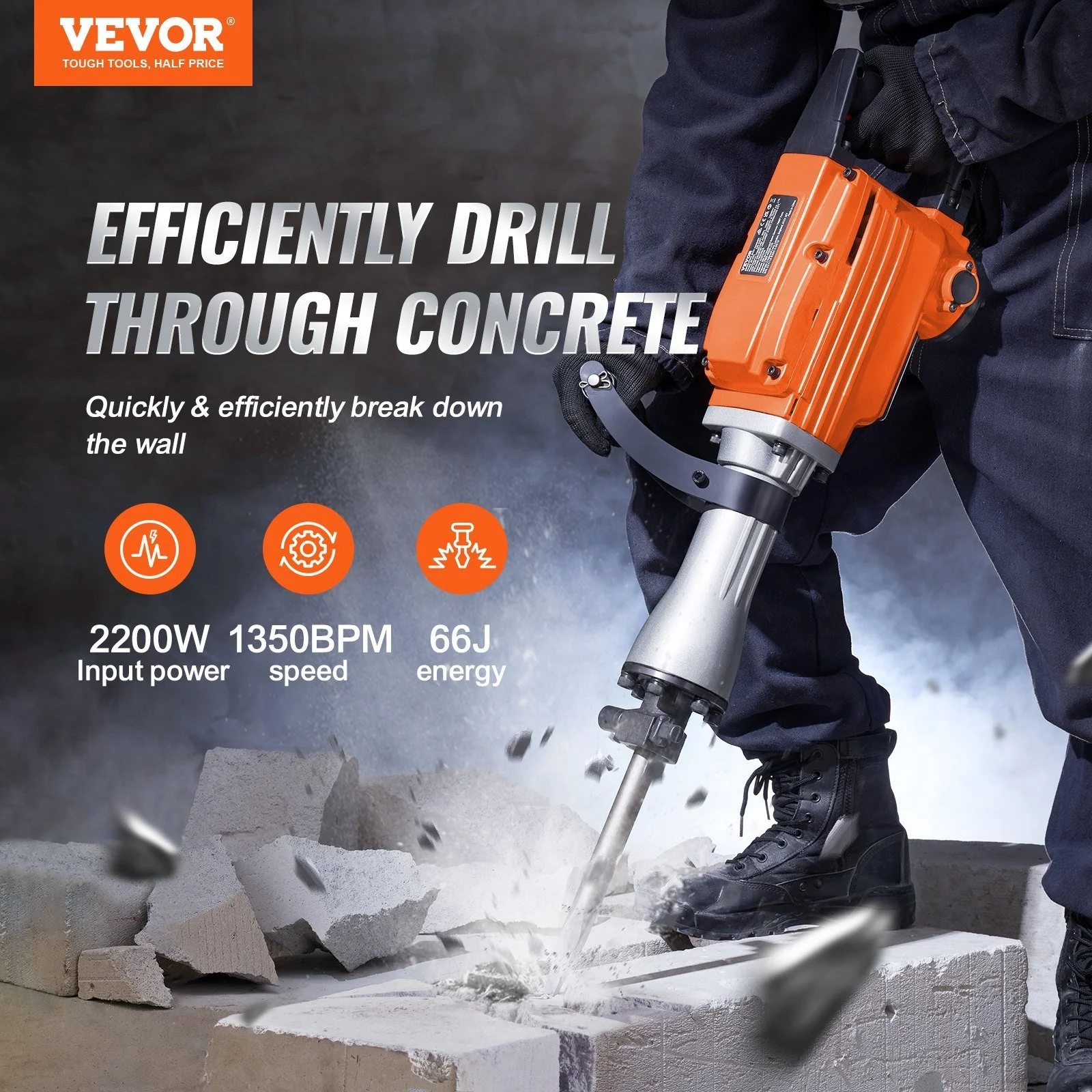 Vevor  2200W 1400 BPM Electric Demolition Jack Hammer Concrete Breaker with 4 Chisels Bits - 6 Piece