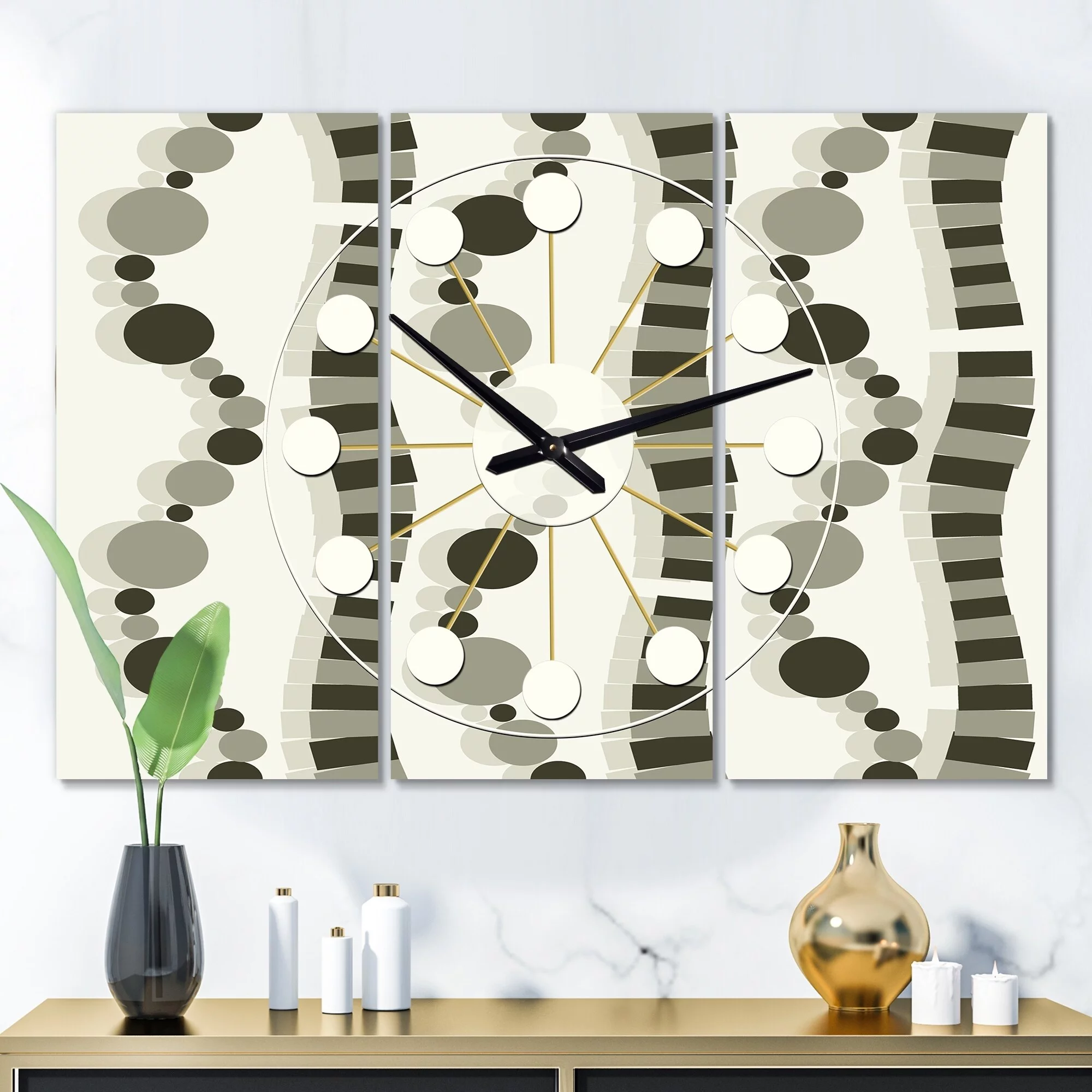 DESIGN ART Designart 'Monochrome Geometric Pattern VI' Oversized Mid-Century wall clock - 3 Panels - 36 in. wide x 28 in. high - 3 Panels