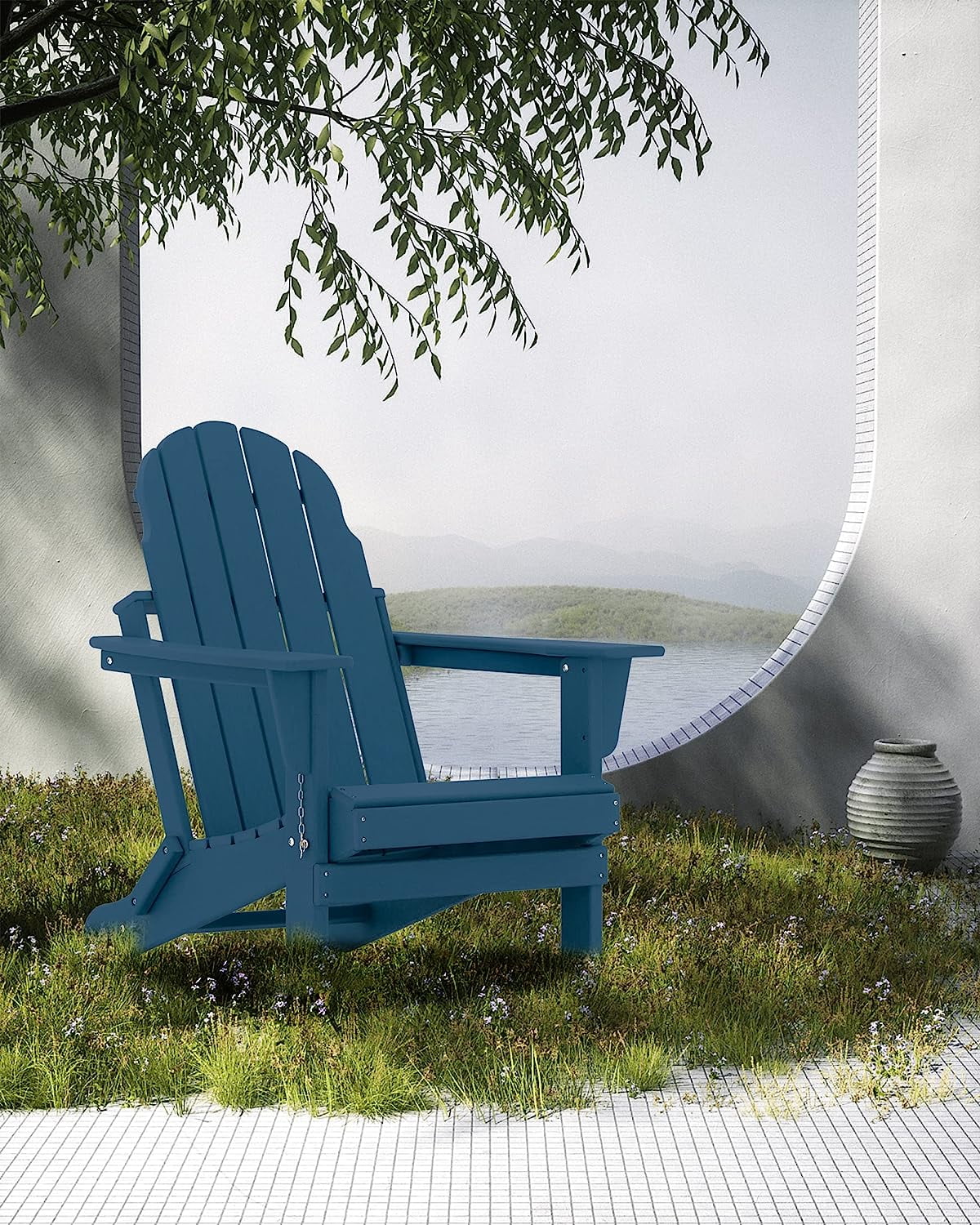 Adirondack Folding Chair, HDPE Outdoor Plastic Patio Chairs for Fire Pits, Gardens, Decks, Seaside Weather Resistant, Waterproof, Easy to Assemble (Navy Blue)