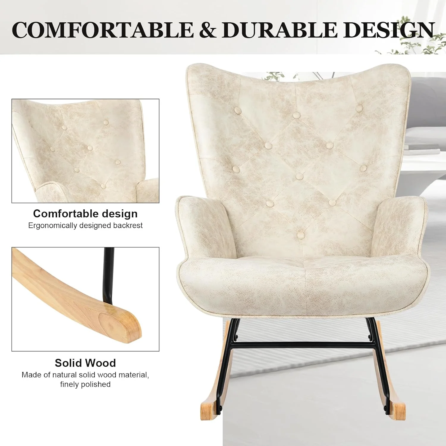 SQWERD Rocker Glider Chair Modern Nursery Rocking Chair PU Leather  with Wooden Base High Backrest and Armrests Padded Seat Comfy Upholstered  Chair   Room Bedroom Office Brown