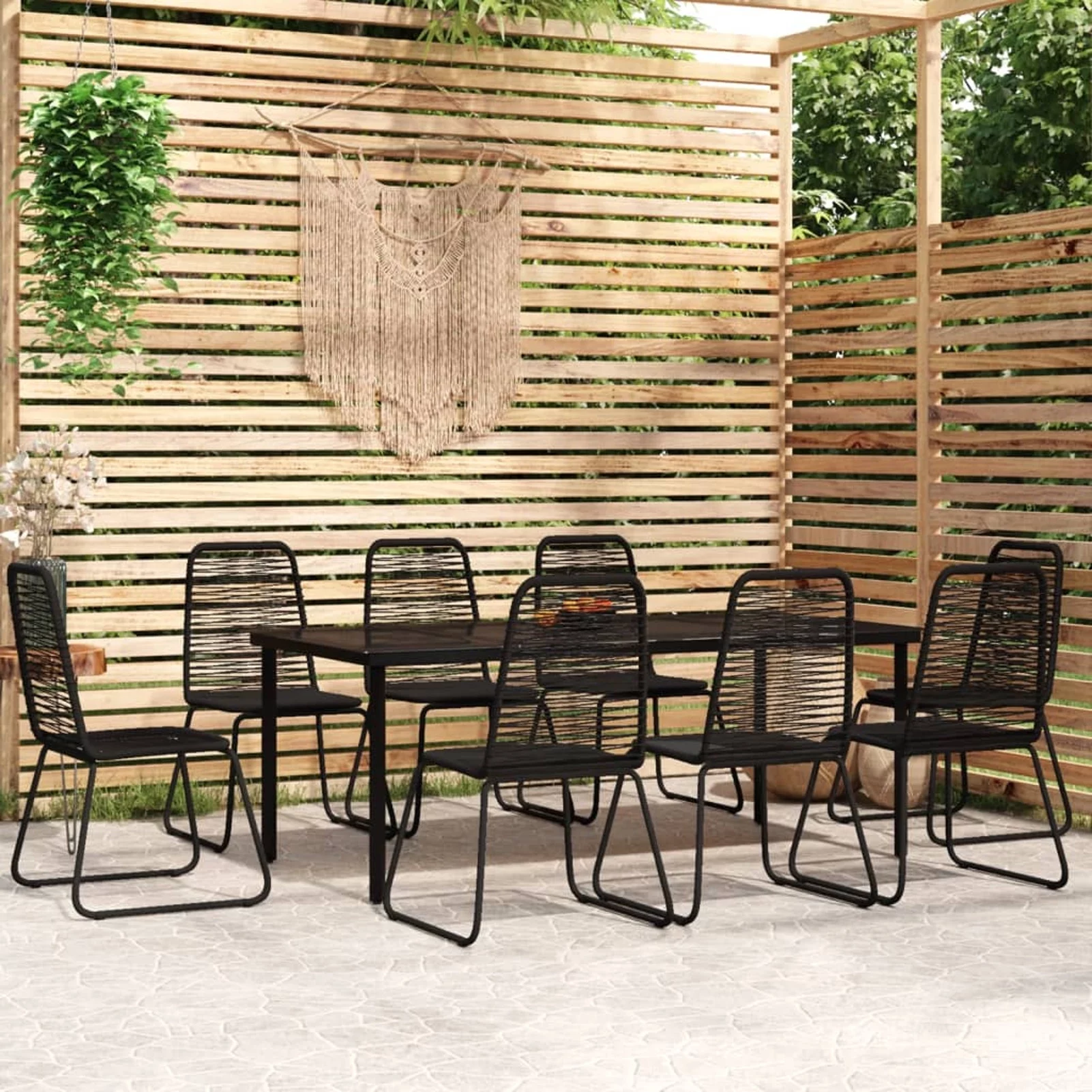 moobody 9 Piece  Dining Set Glass  Table and 8 Garden Chairs Poly Rattan Dinner Set Steel Frame for Balcony, Yard, Deck, Lawn, Patio