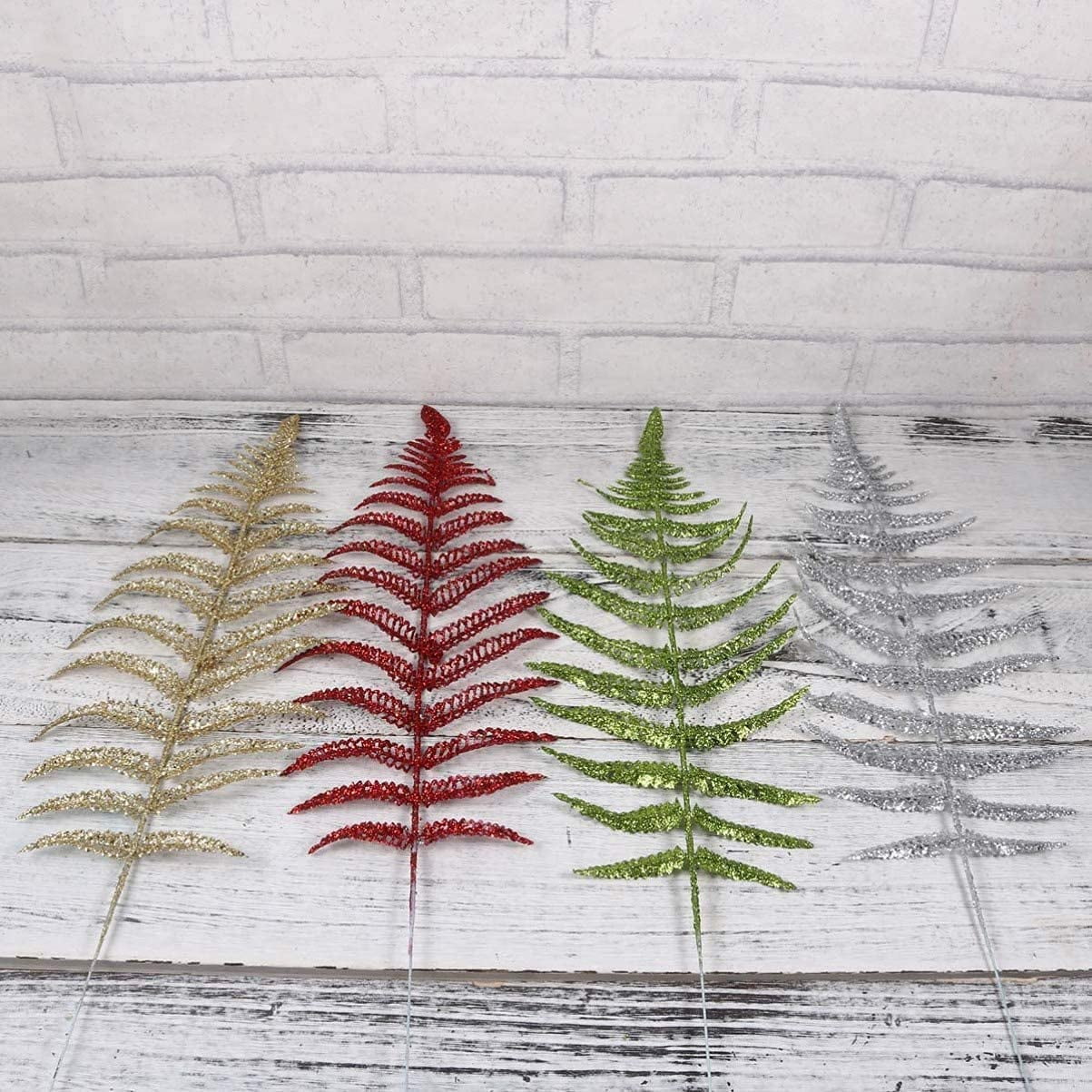Namzi Decorative Glitter Hollow Leaf, 10pcs Artificial Fern Plant Persian Stem Leaves Christmas Spray Ornament for Holiday Party Xmas Tree Decor （Pink）