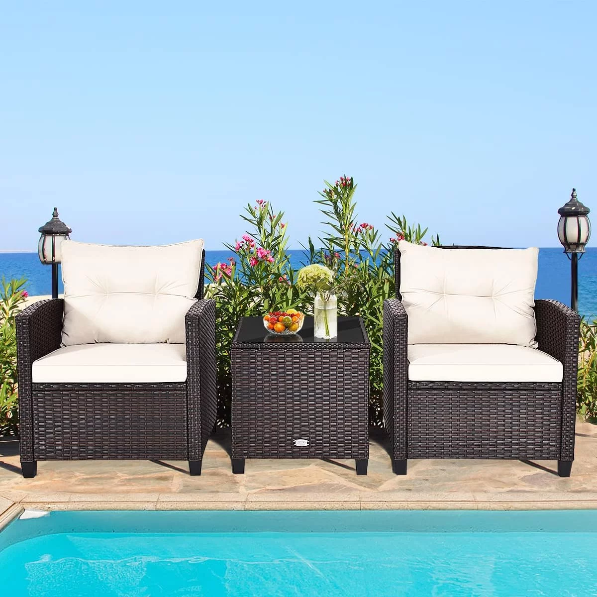3 Piece Patio Furniture Set, Wicker Bistro Conversation Set W/ 2 Cushioned Armchairs & Glass Topped Table, Outdoor Rattan Sofa Set Patio Furniture For Porch Balcony Poolside (White)