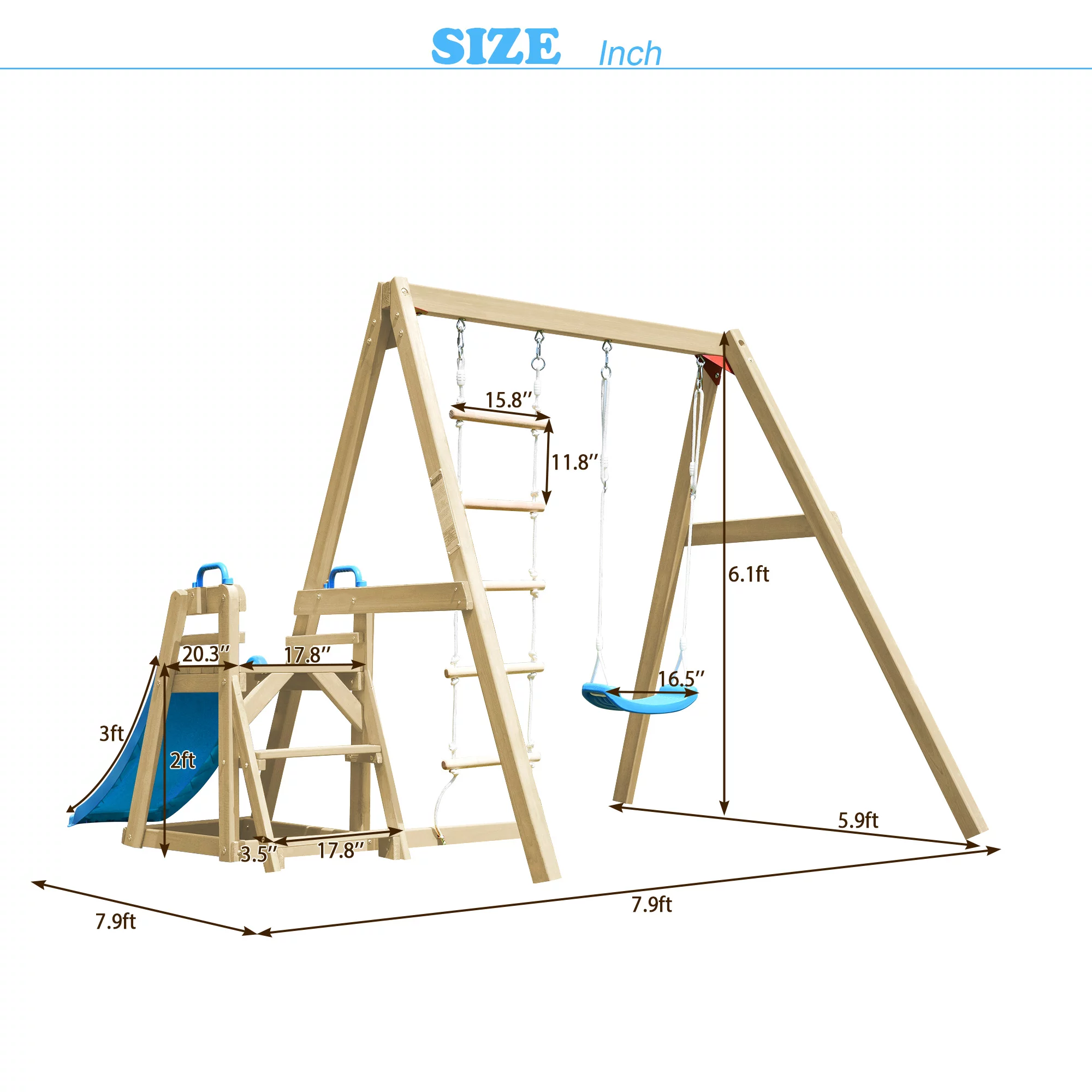 Ufurpie Wooden Swing Set with Slide,Outdoor Playset Backyard Activity Playground Climb Swing Outdoor Play Structure for Toddlers,Ready to Assemble Wooden Swing-N-Slide Set Kids Climbers,Blue