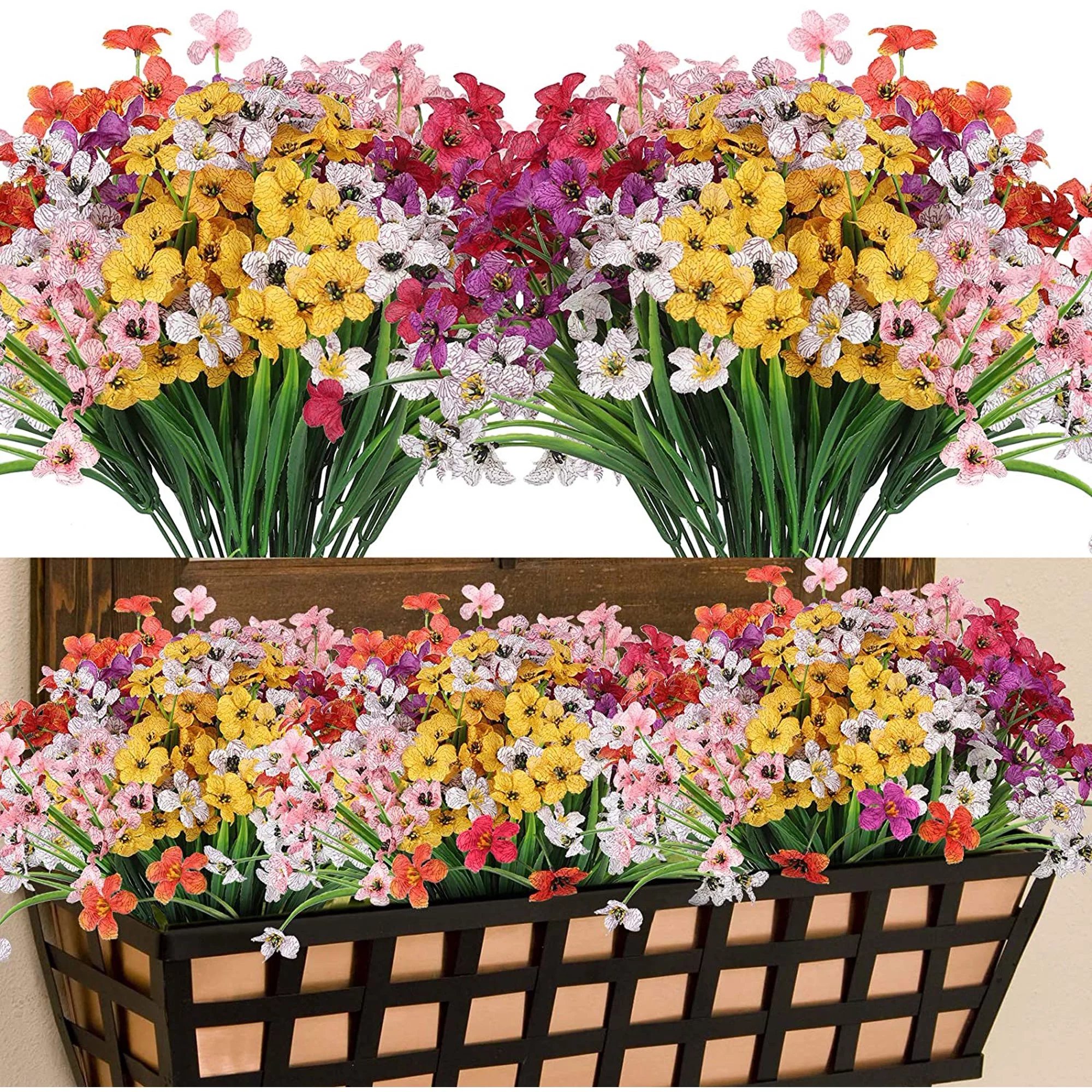 12 Bundles Artificial Flowers Outdoor UV Resistant Fake Flowers No Fade Faux Plants Garden Porch Window Box Decorating(Mix Color)