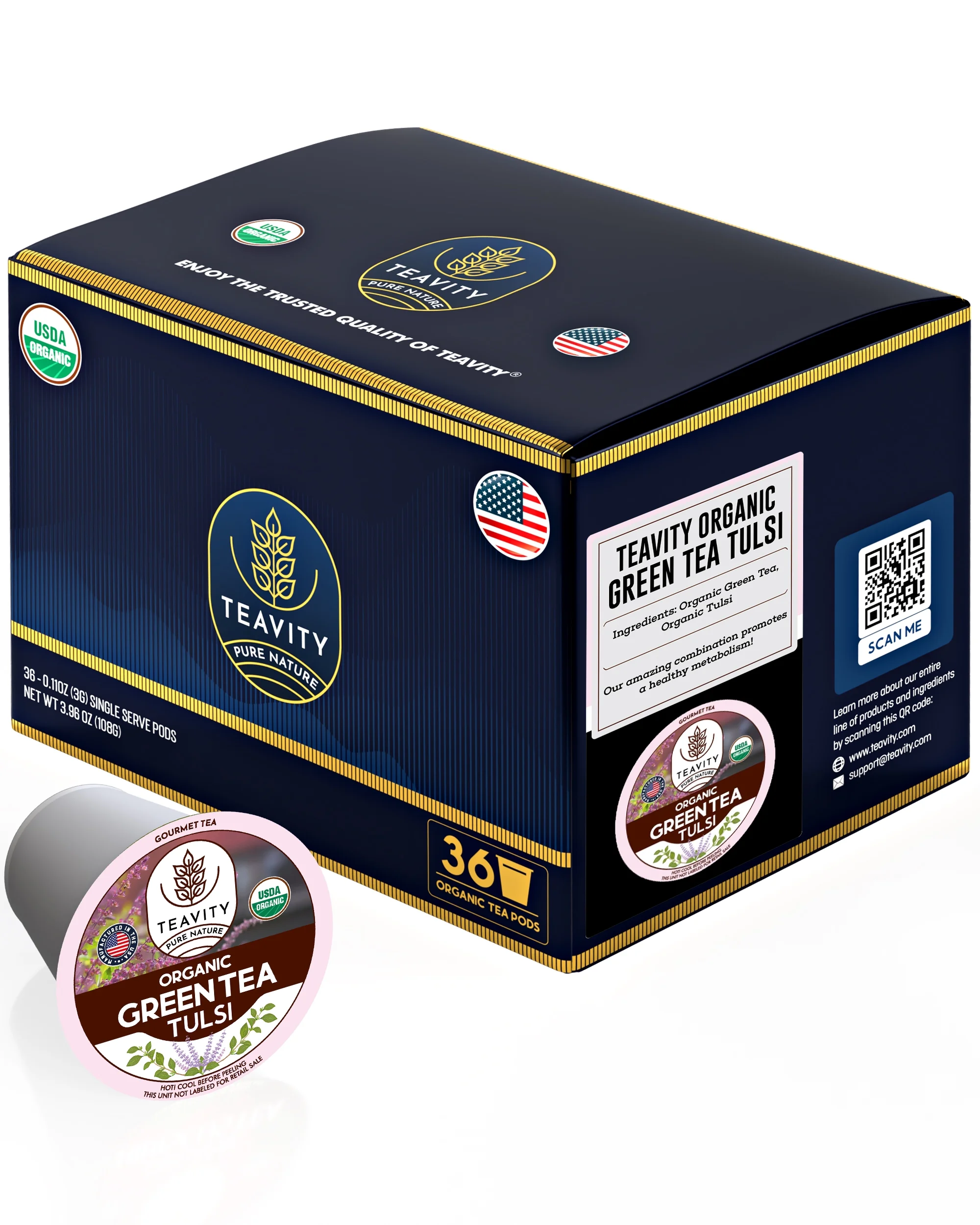 Organic Tulsi Green Tea Pods Compatible with Keurig Brewers by Teavity (Green Tea, 36 Tea Pods)